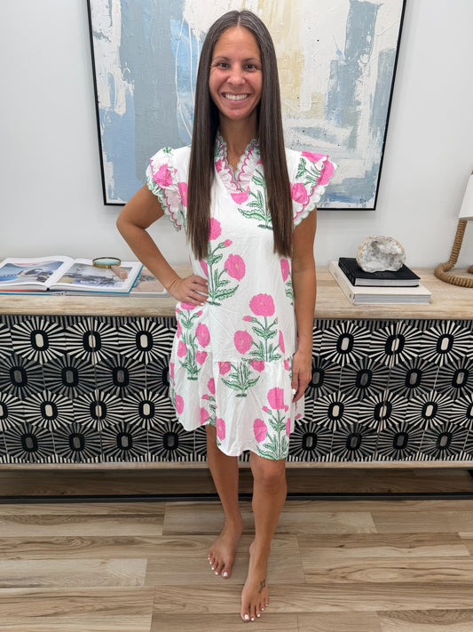 Floral Print Ruffle Trim Casual Mini Dress