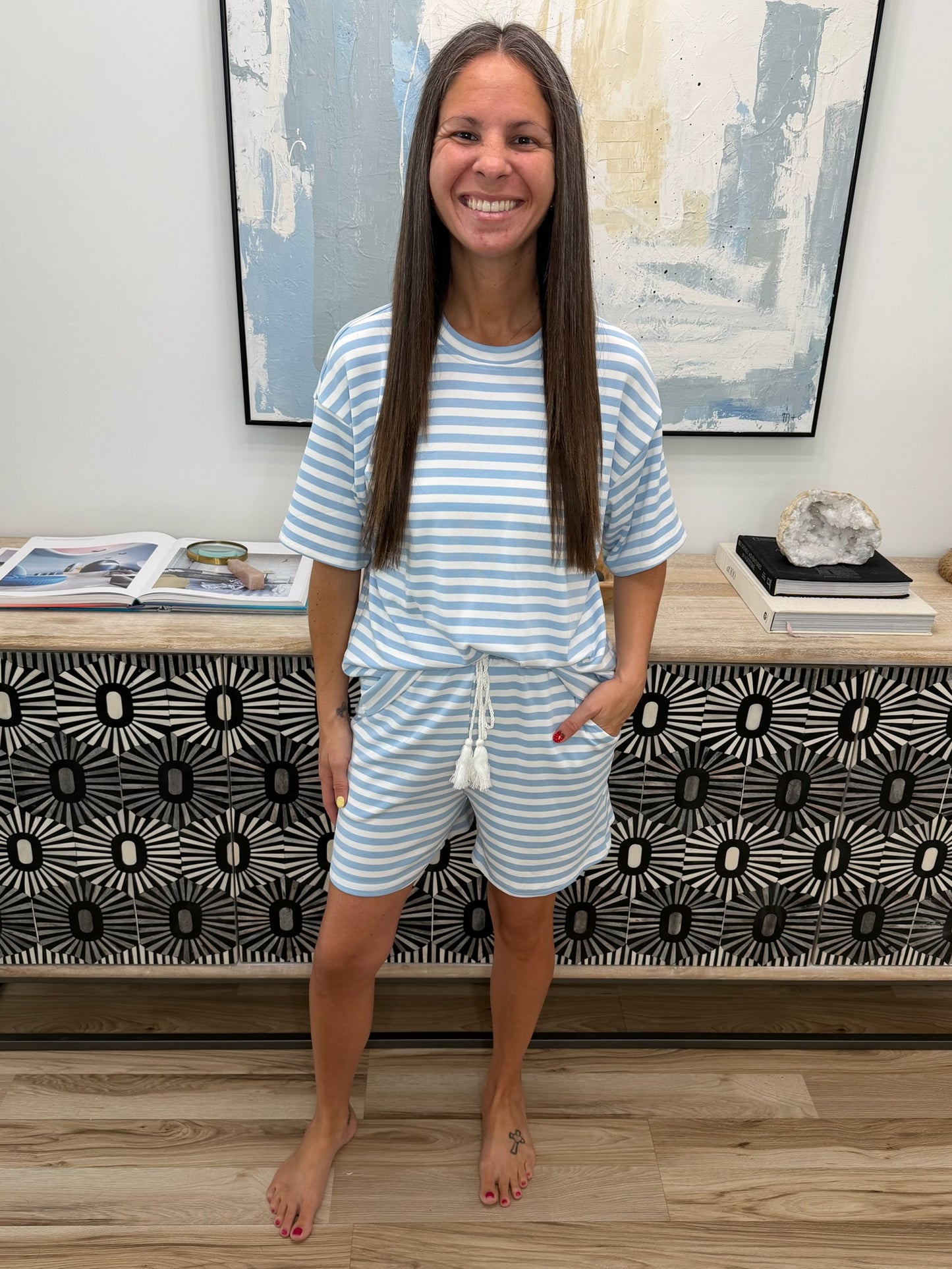 Striped Short Sleeve Tee and Drawstring Shorts Set