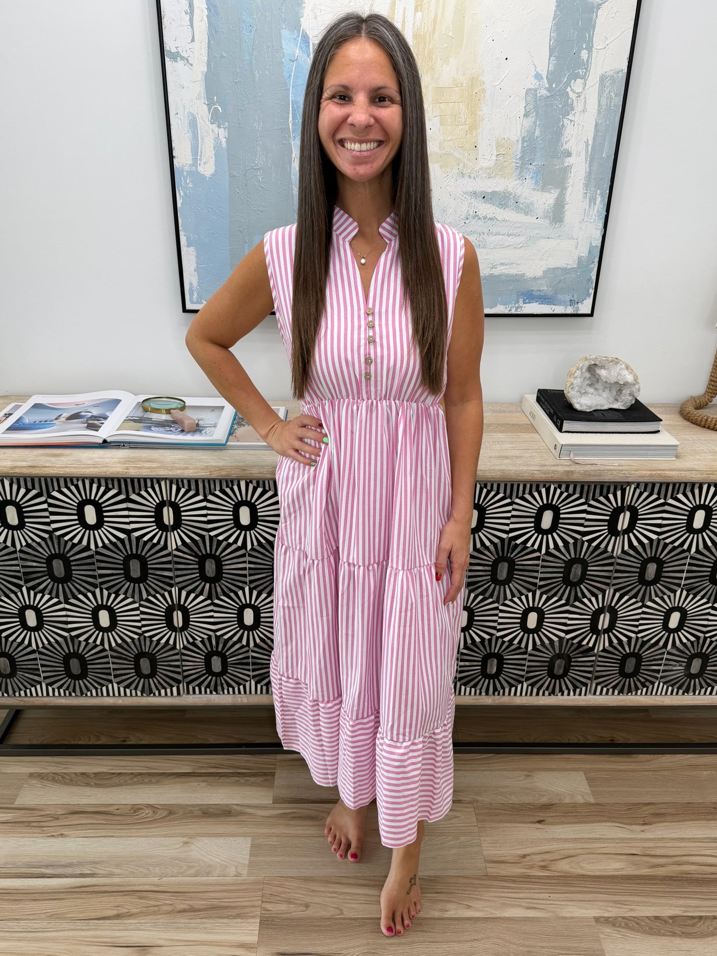 Striped Sleeveless Tiered Midi Dress