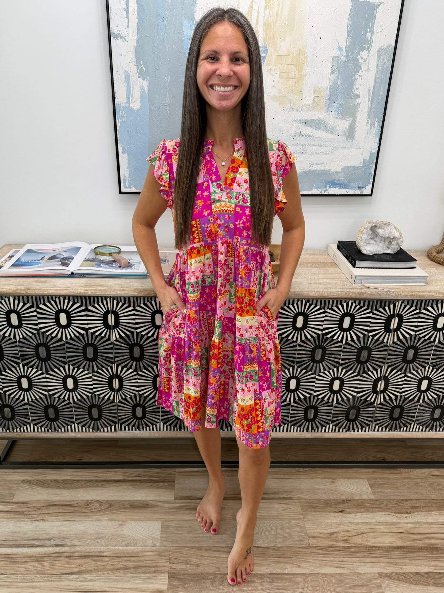 Lizzy Flutter Sleeve Dress in Patchwork Floral