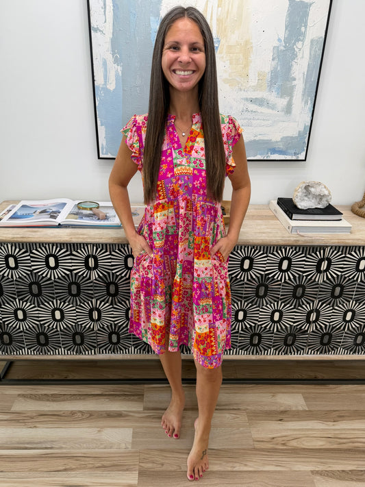 Lizzy Flutter Sleeve Dress in Patchwork Floral