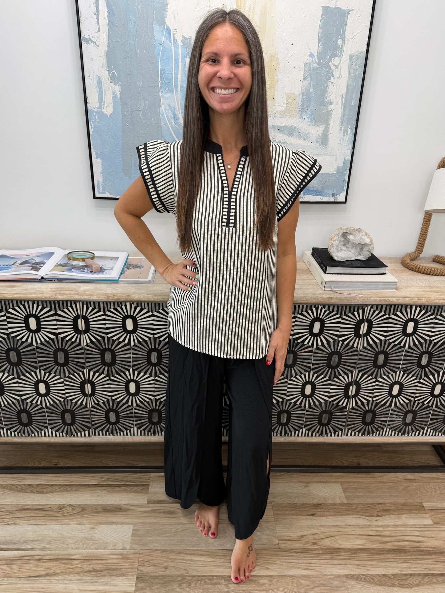 Striped Ruffle Sleeve Blouse