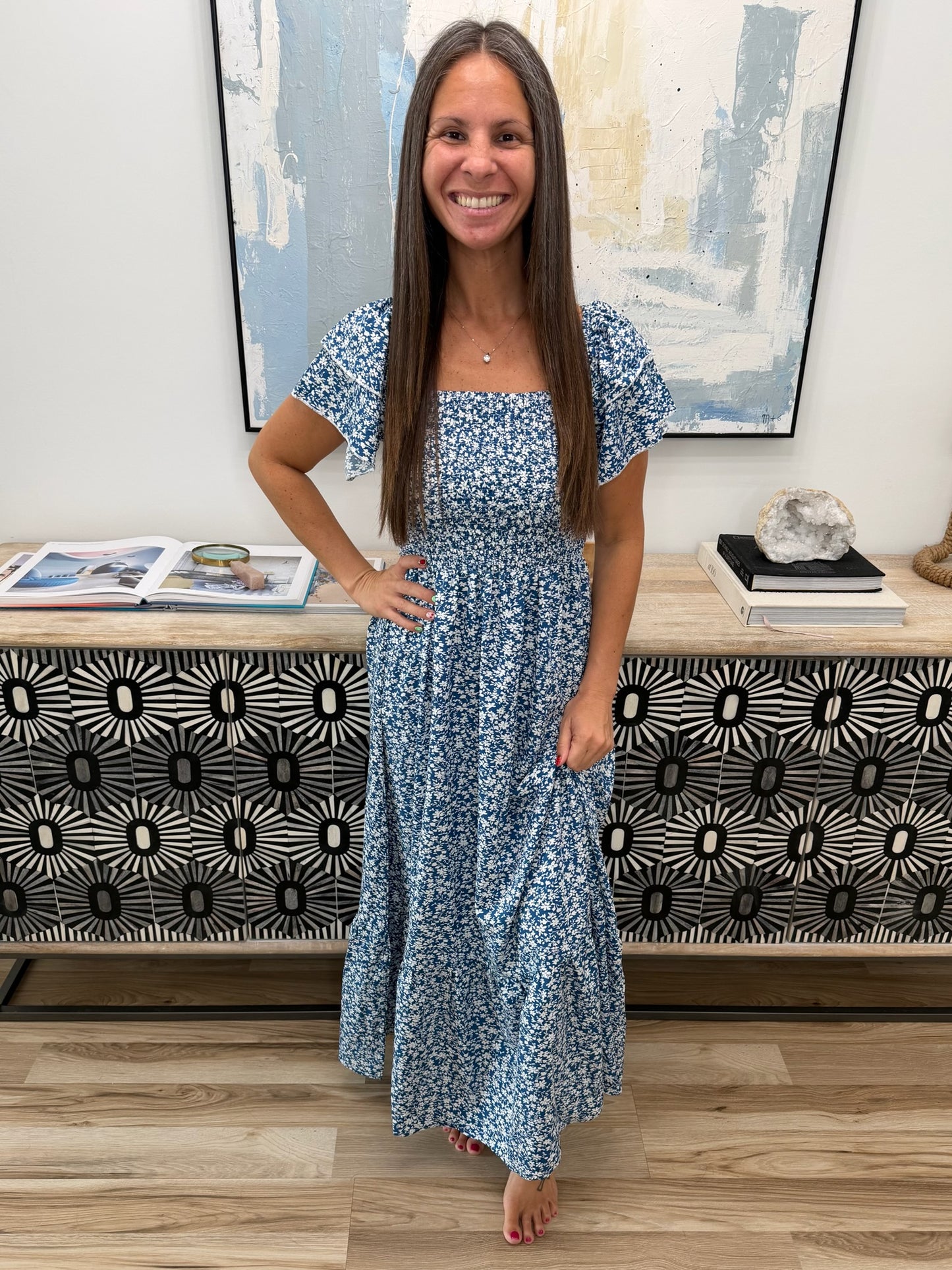 Floral Print Smocked Ruffle Sleeves Dress