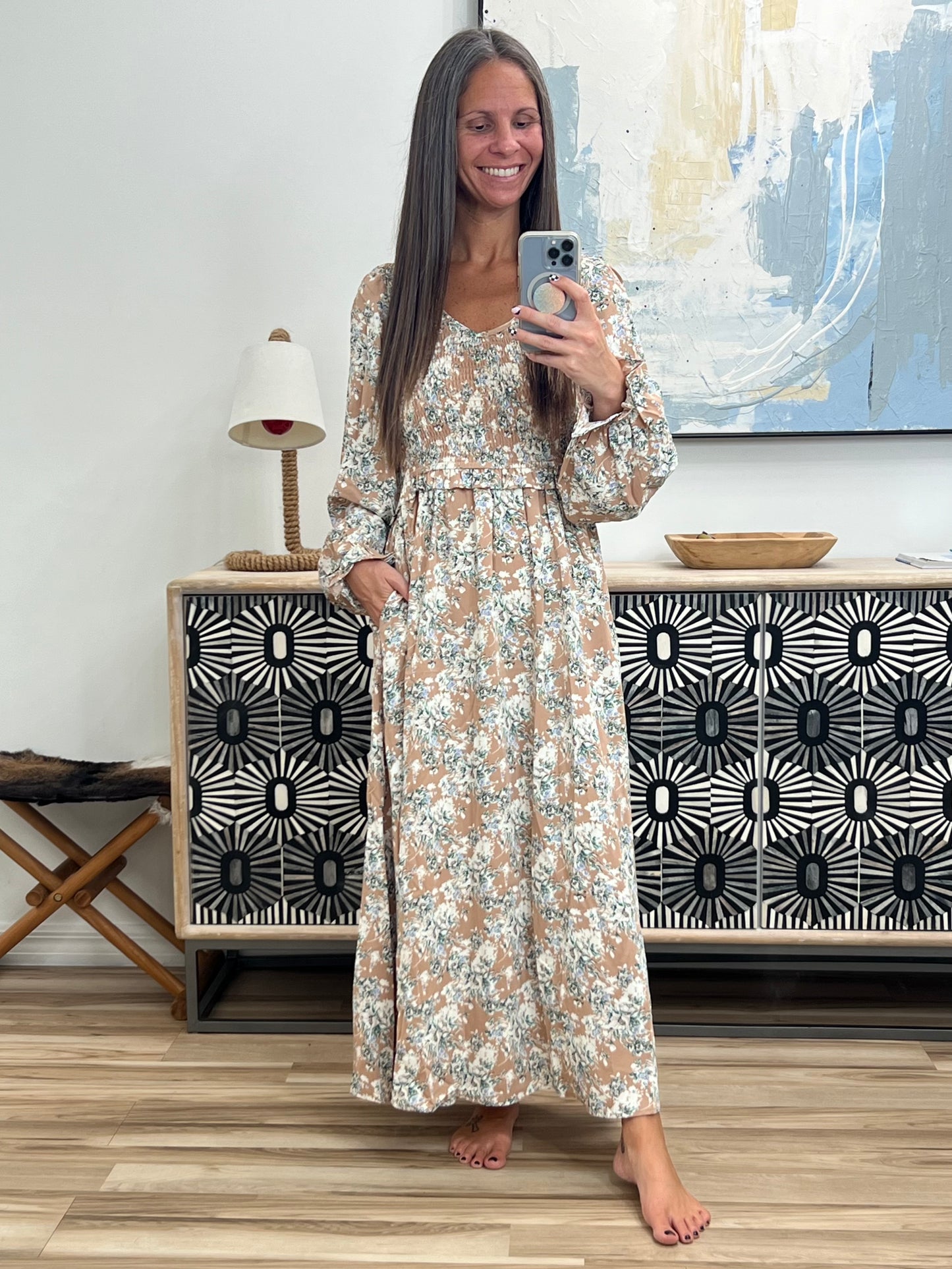 Printed V-Neck Long Sleeve Dress