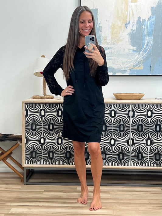 Lace Trim Long Sleeve Hooded Dress