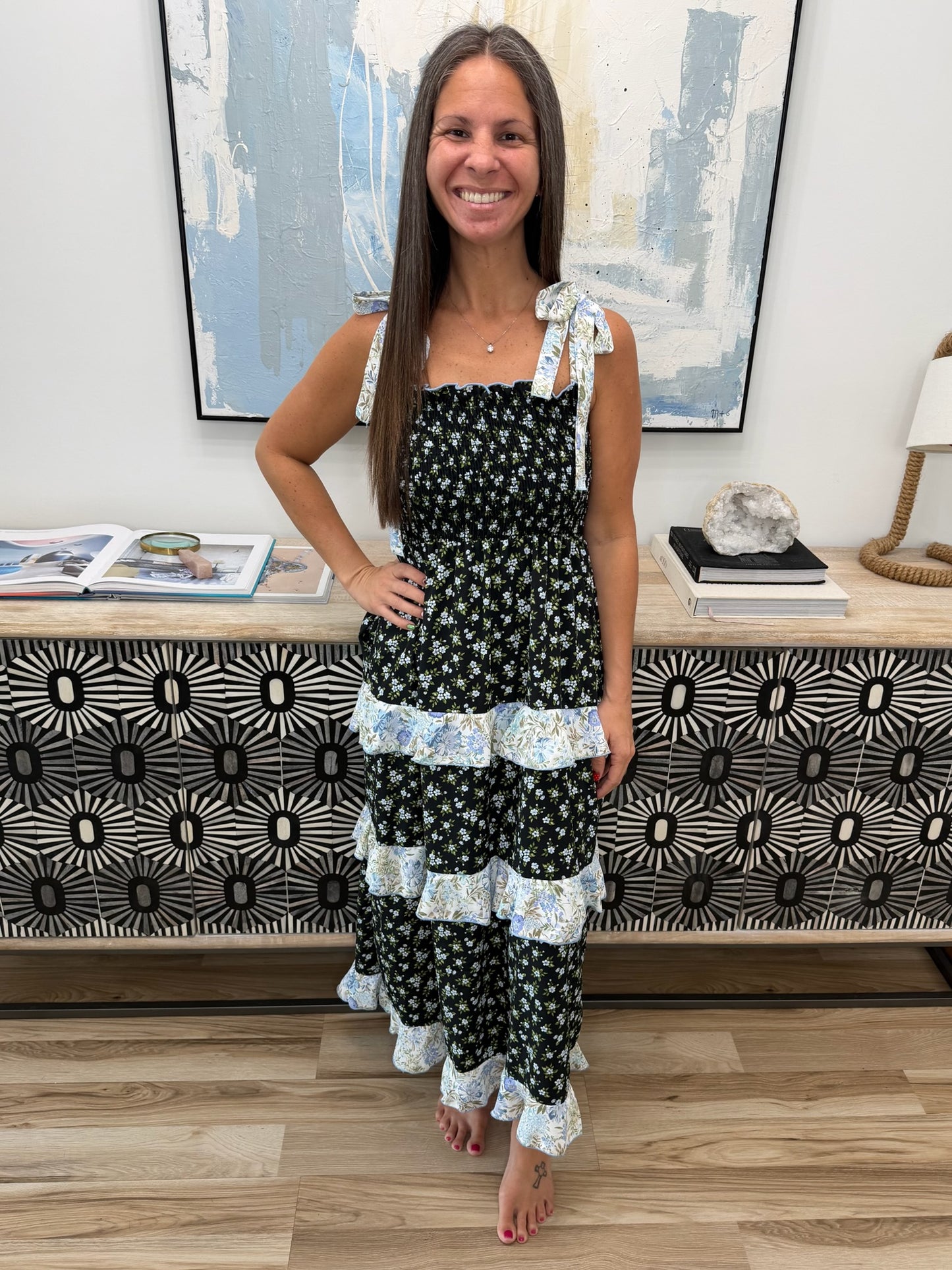 Elegant Edge Tiered Maxi Dress in Navy