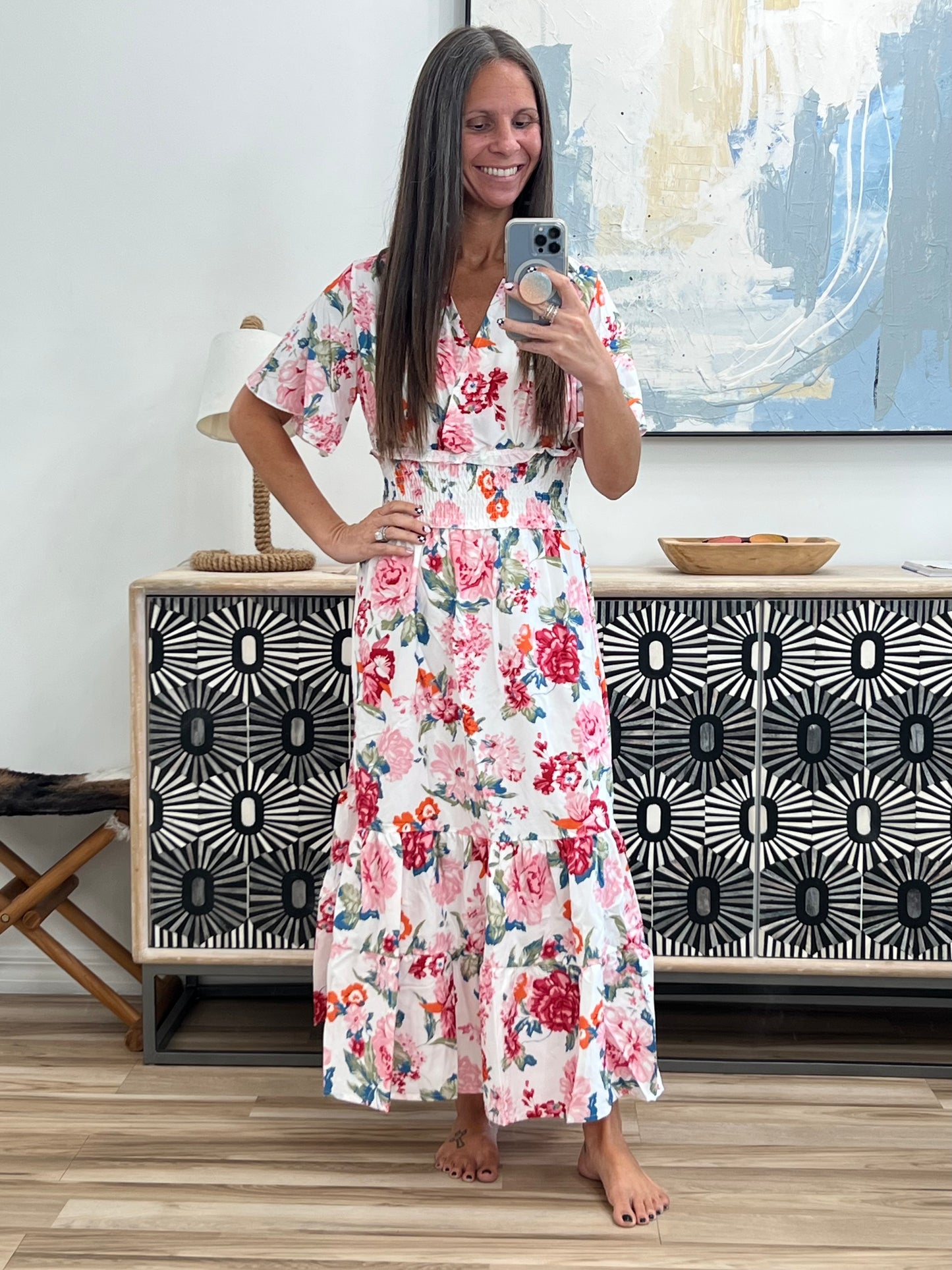 Floral Print Flutter Sleeve Maxi Dress