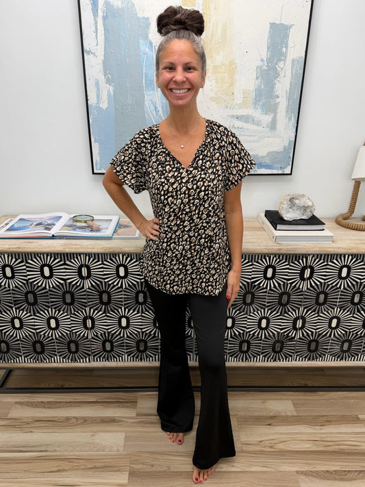Multicolor V-neck Short Sleeve Leopard Blouse