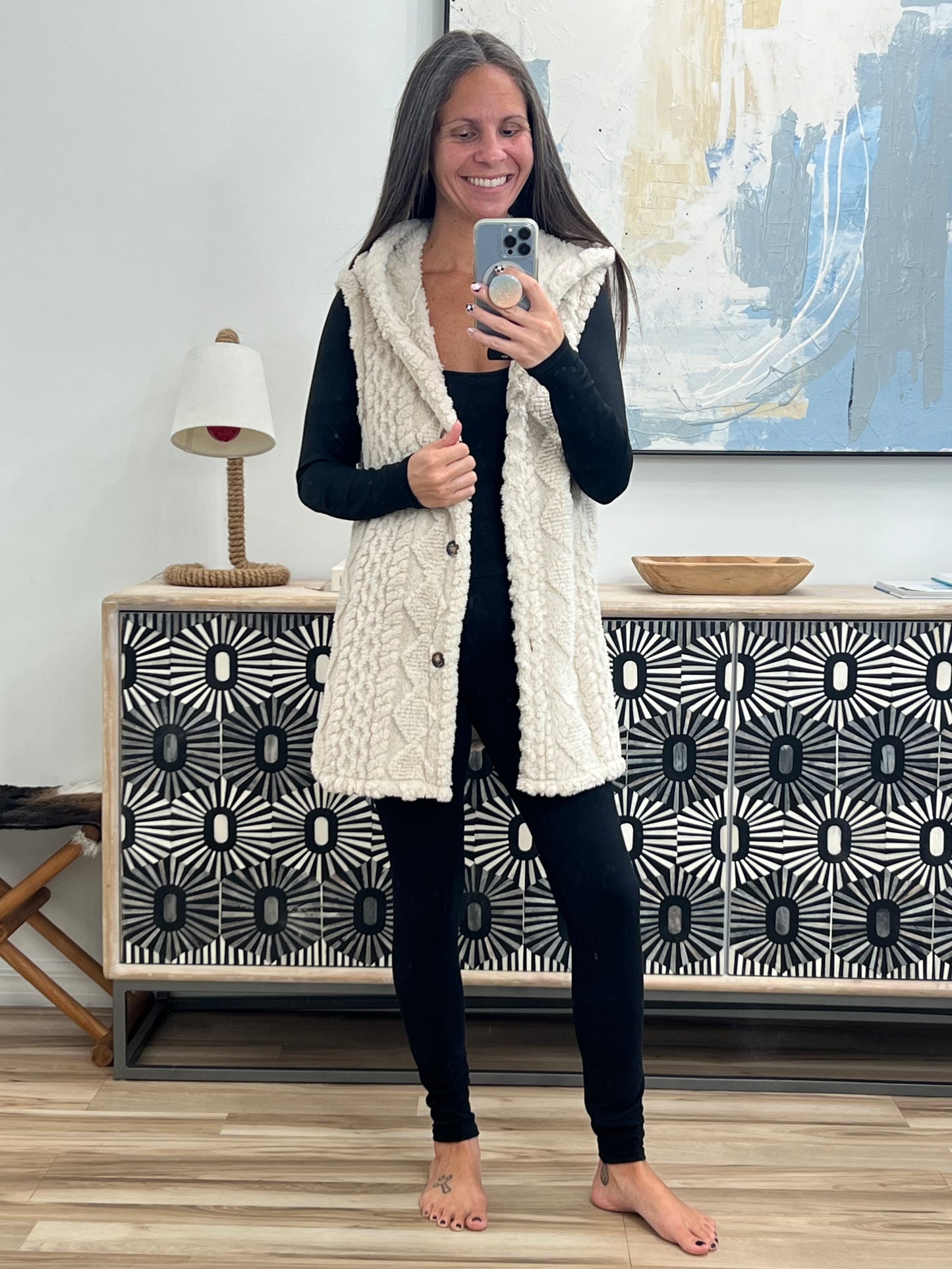 Button-Down Sherpa Hooded Vest Coat