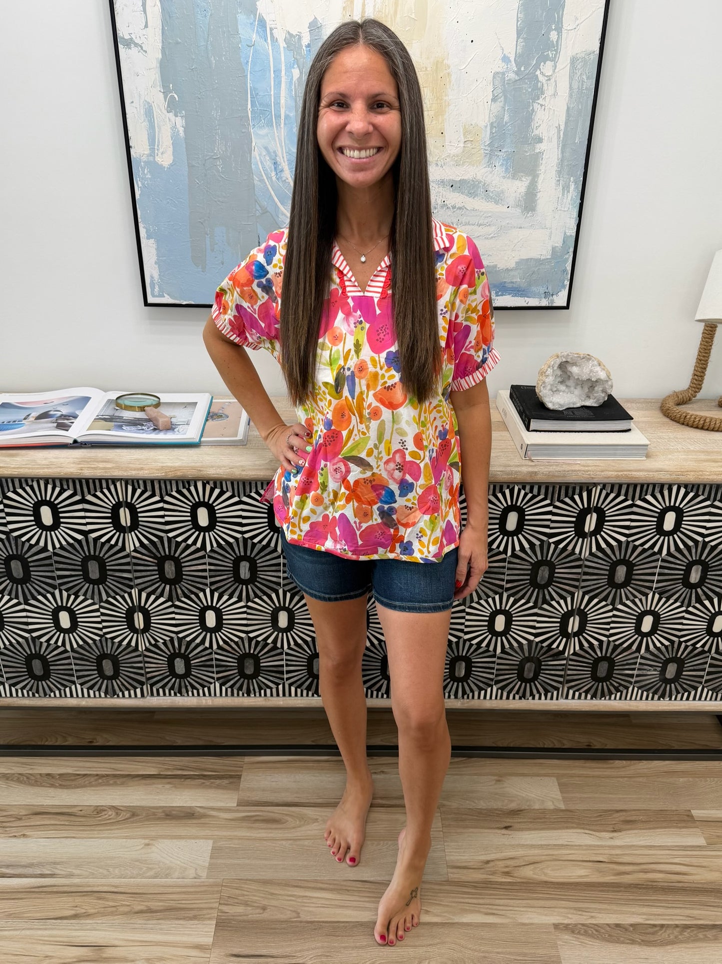 Striped Trim Collared V Neck Short Sleeve Floral Print Blouse