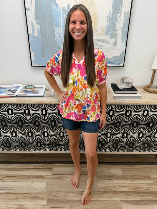 Striped Trim Collared V Neck Short Sleeve Floral Print Blouse