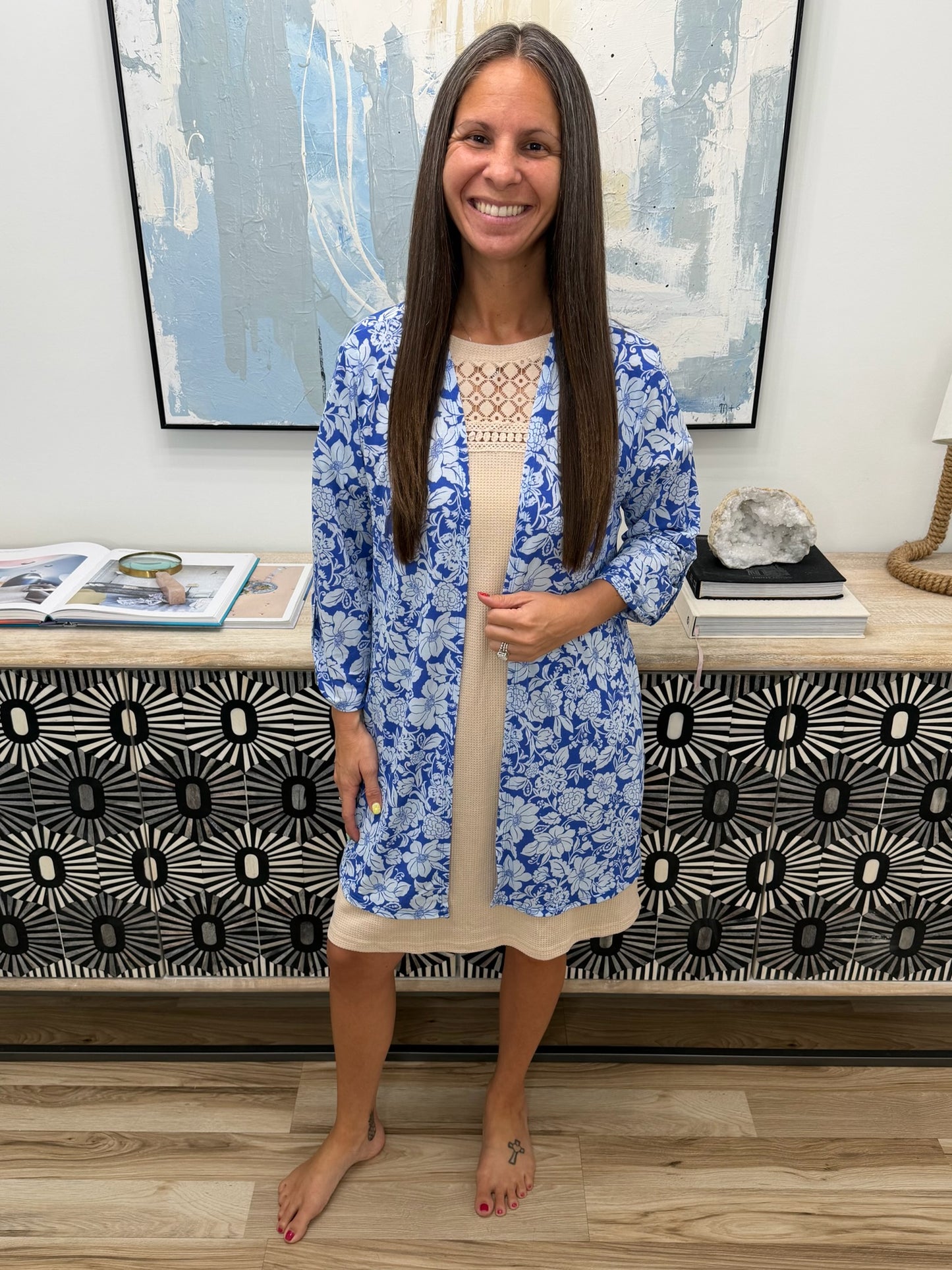 Lizzy Cardigan in Blue and White Floral