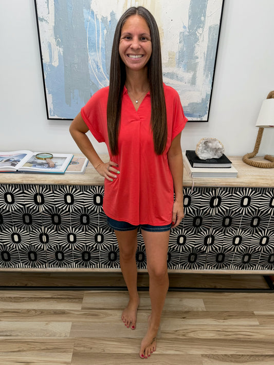 Sea You Soon Collared Top in Hot Coral