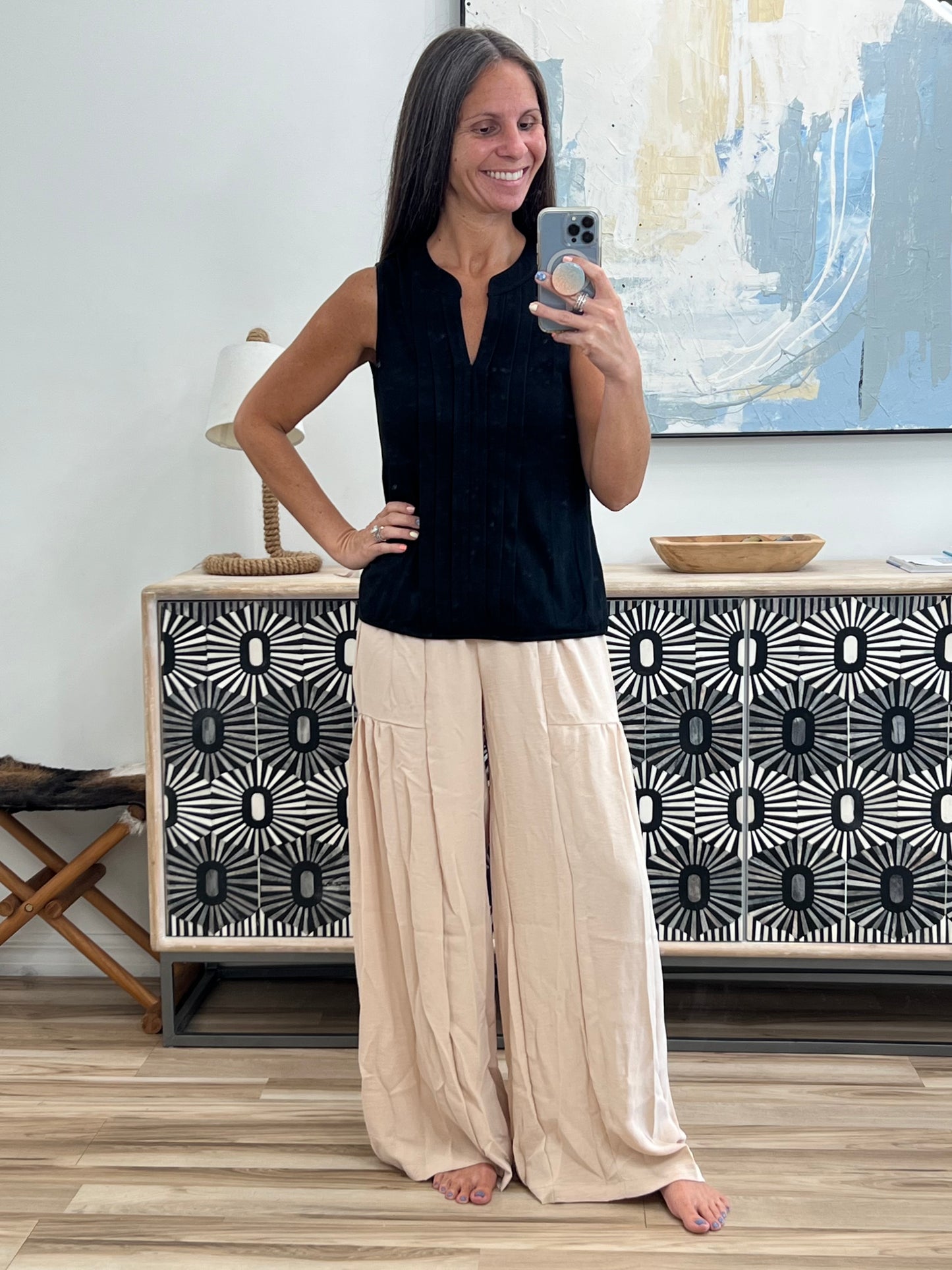 Sleeveless Pleated Notched Tank