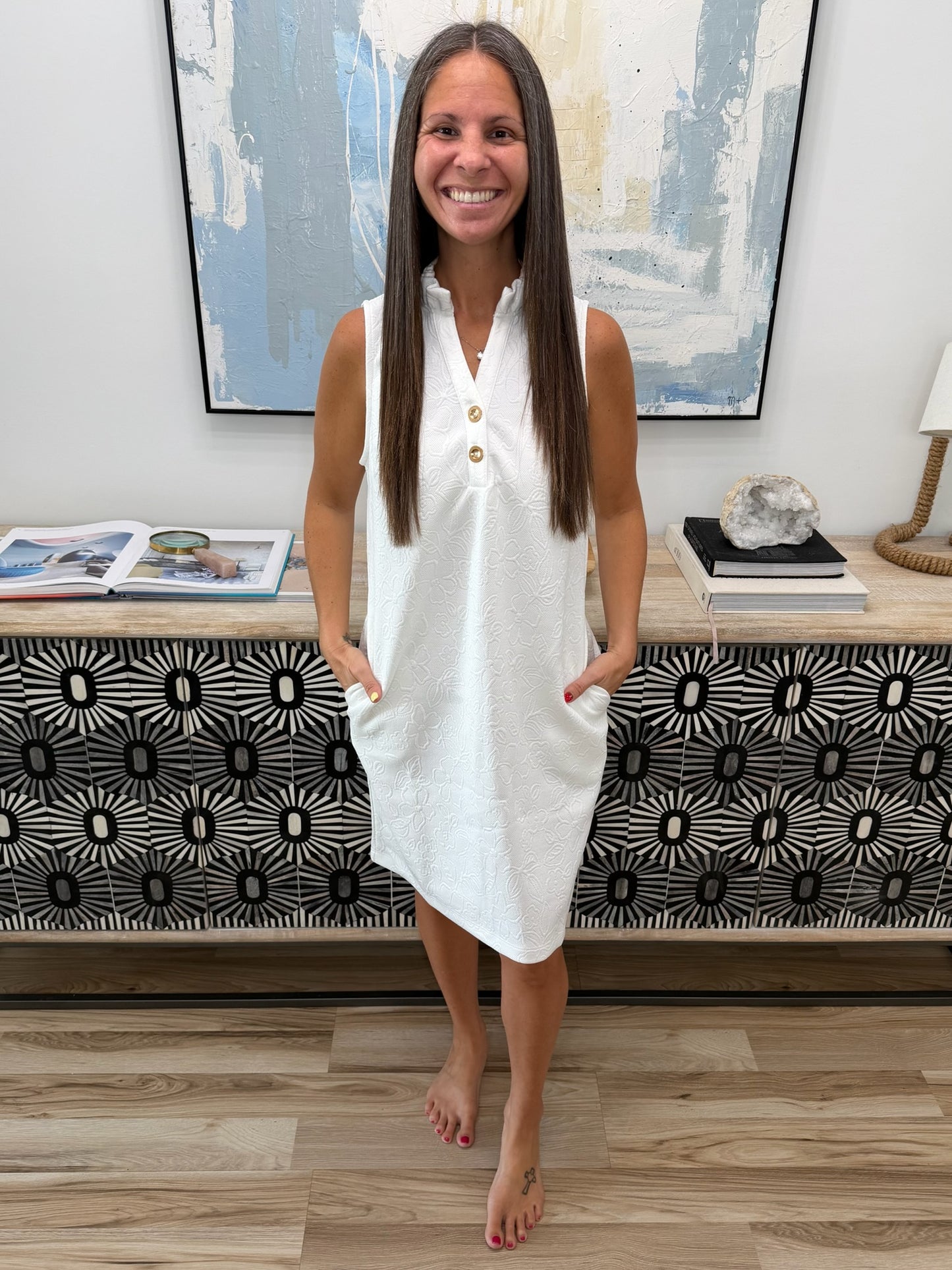 High Tide High Neck Embossed Sleeveless Dress in Off White