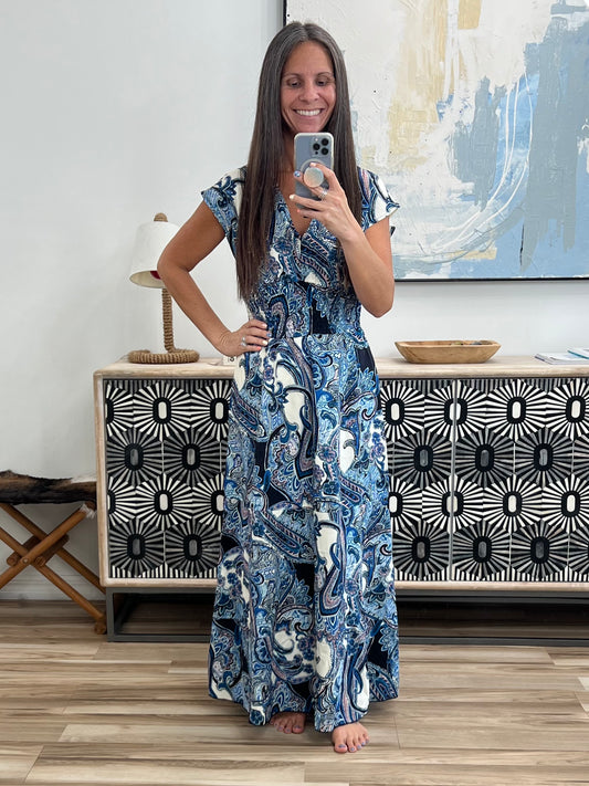 Printed V-Neck Cap Sleeve Maxi Dress