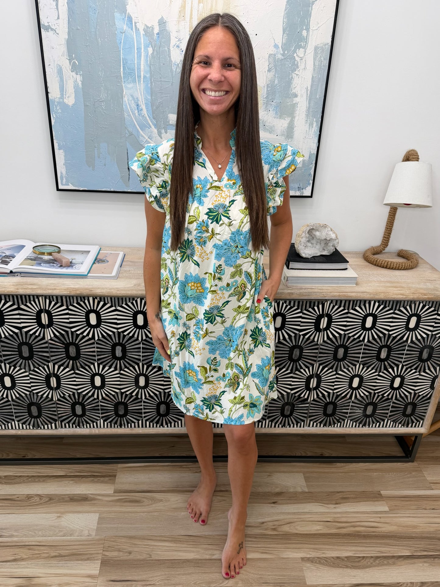 Floral Print V Neck Triple Ruffle Short Sleeve Shift Mini Dress