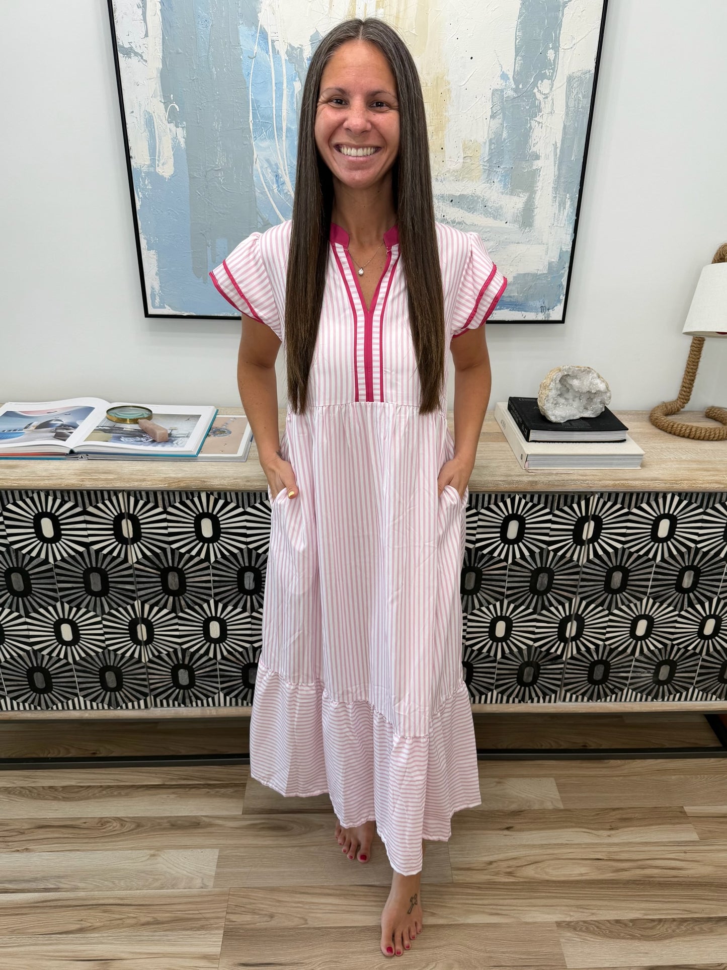 Striped Ruffle Sleeve Midi Dress
