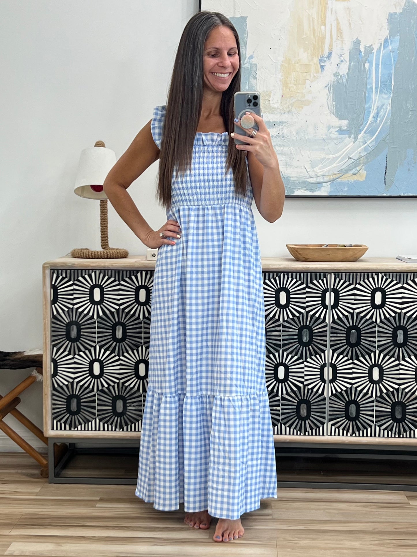 Gingham Smocked Ruffle Maxi Dress