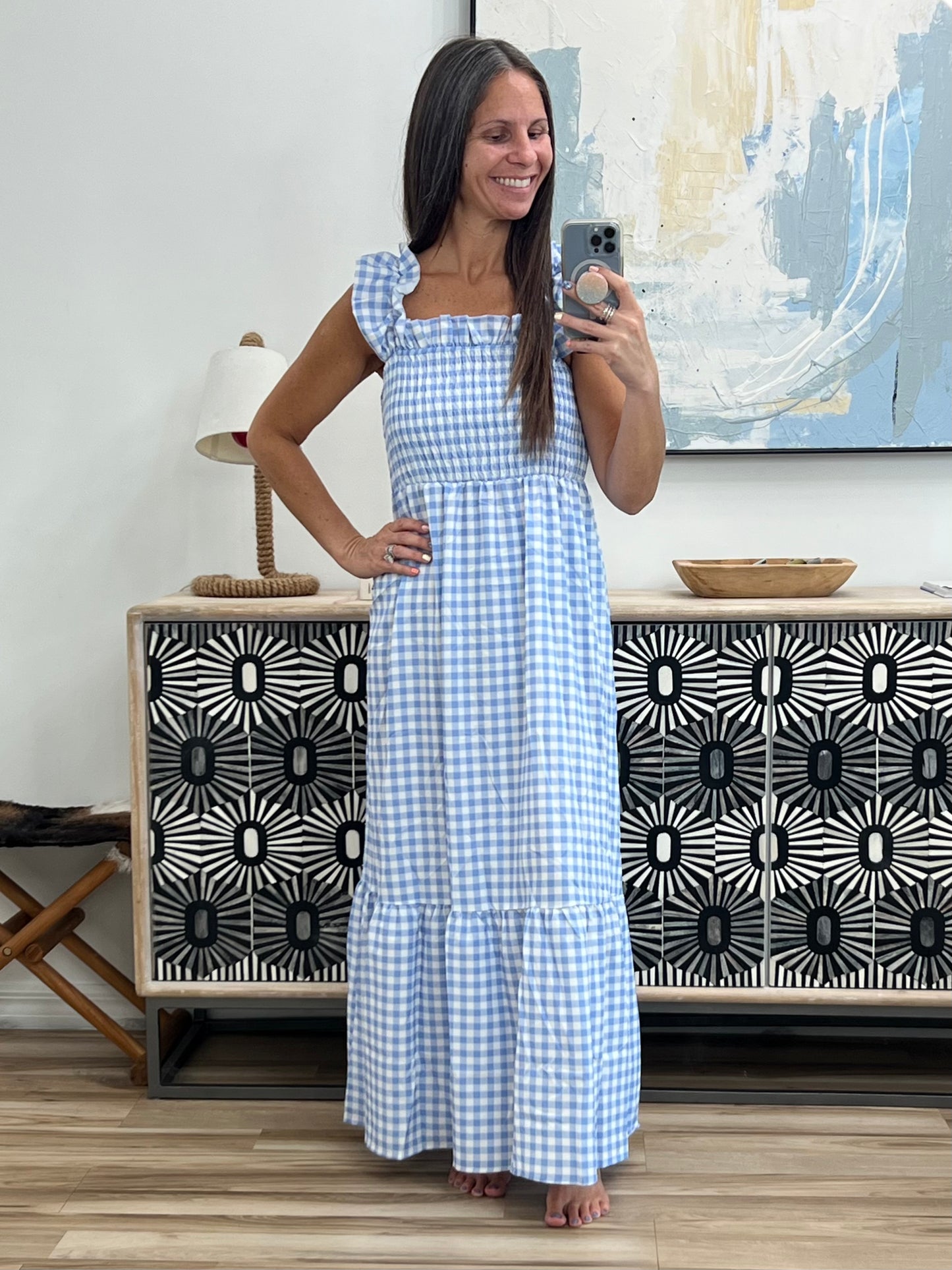 Gingham Smocked Ruffle Maxi Dress