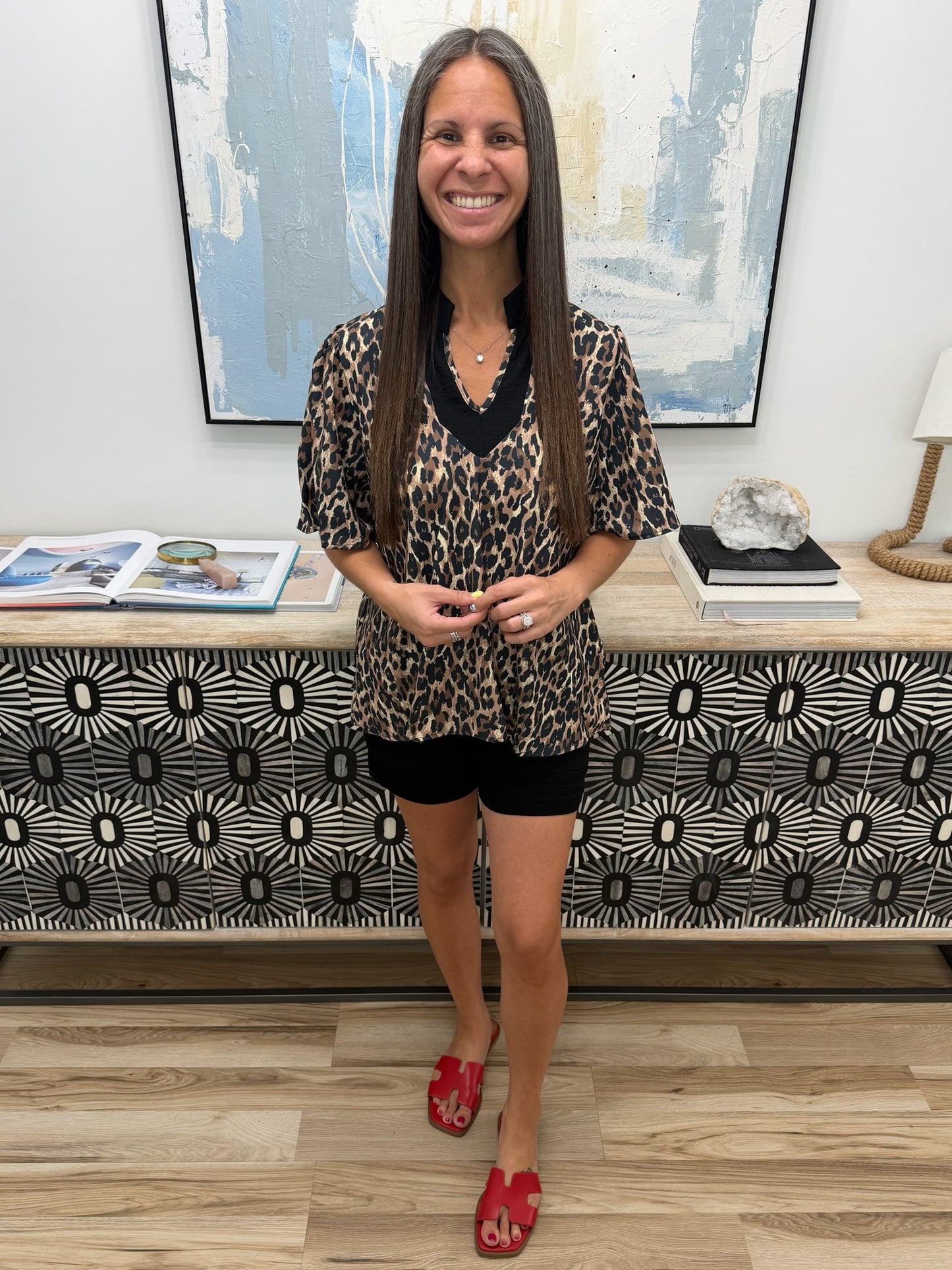 Sassy Season Split Neck Leopard Print Blouse