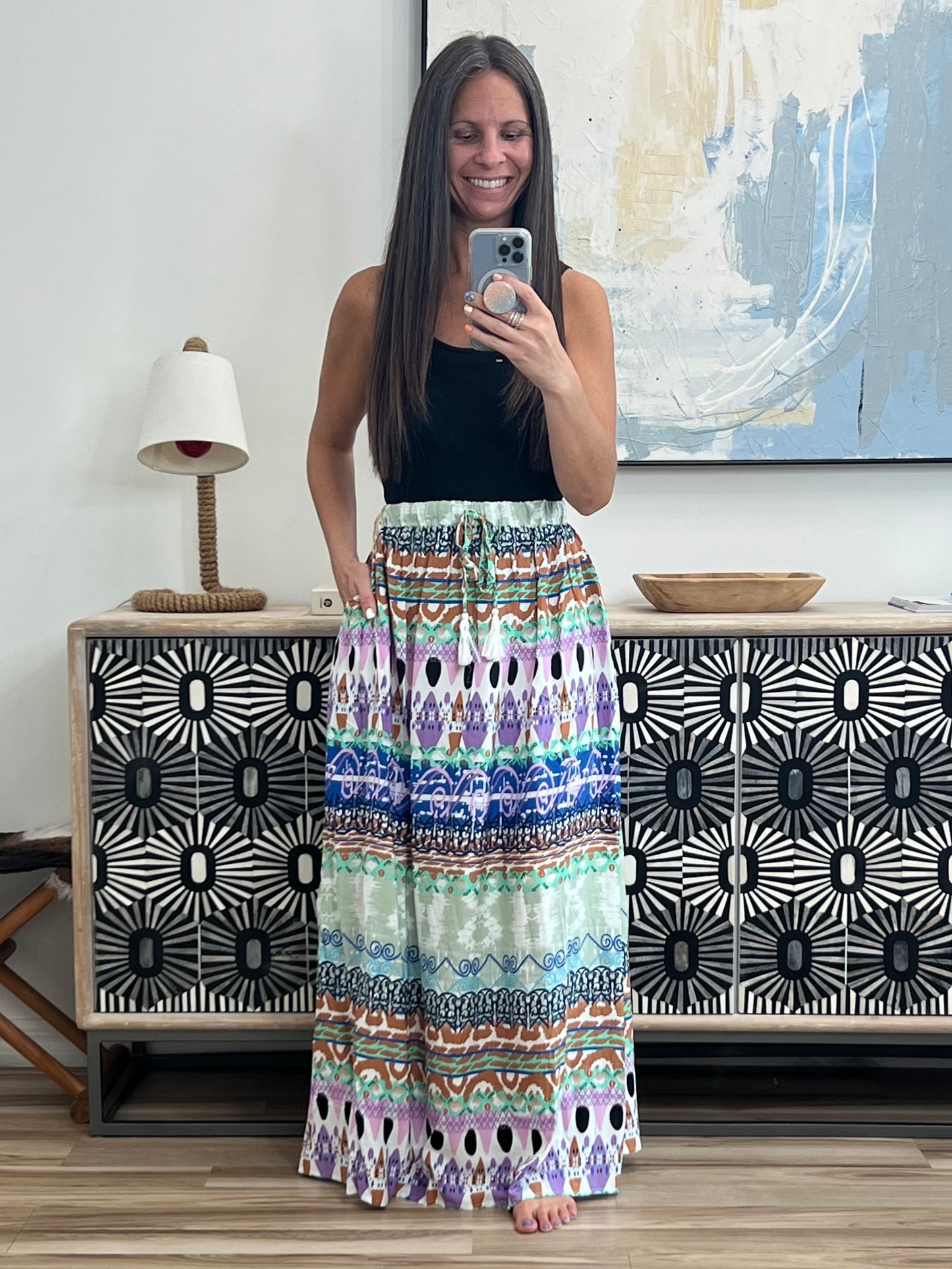 Printed Elastic Waist Band Long Skirt with Tassels in Sage Combo