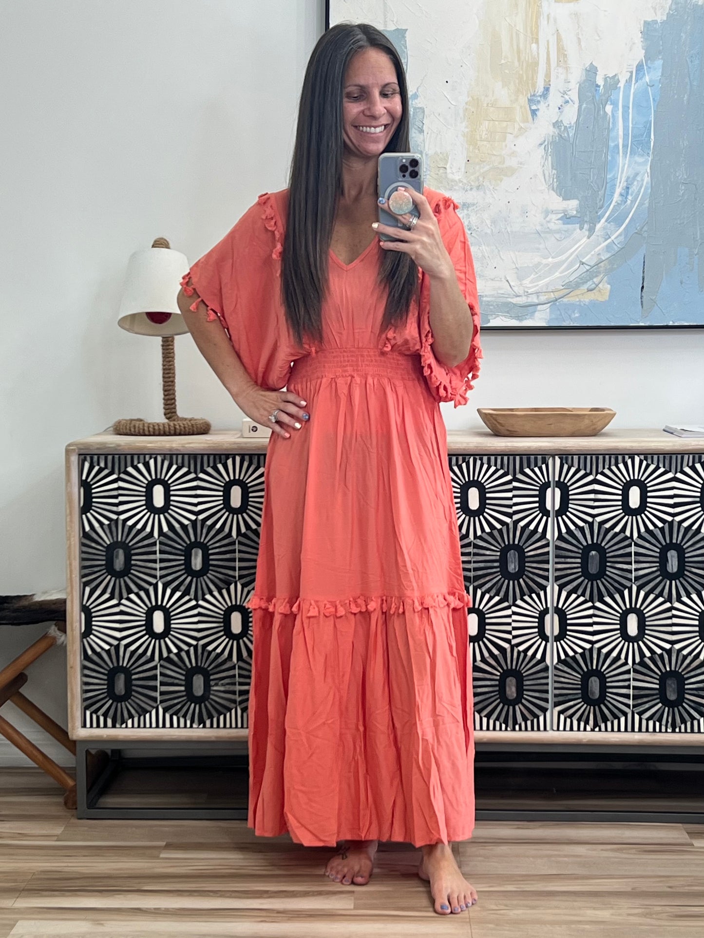 Tassel Trim Smocked V-Neck Short Sleeve Cover Up/Dress