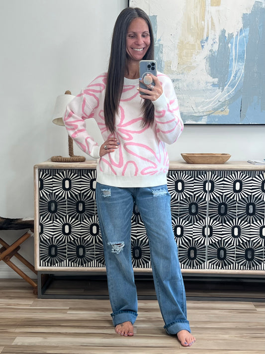 Flower Crew Neck Long Sleeve Sweater