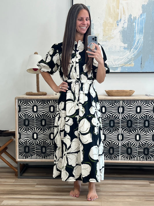 Art Show Puff Sleeve Midi Dress