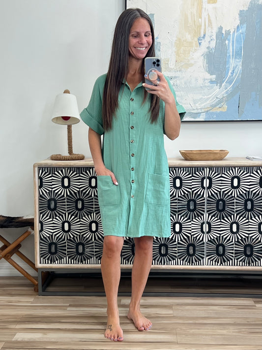 Casual Button Down Shirt Dress with Pockets