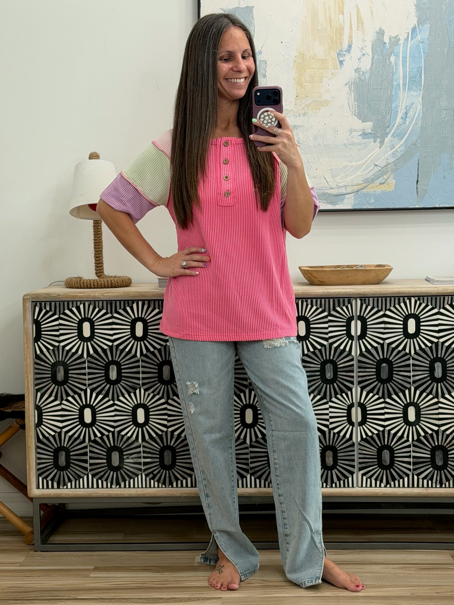 Cozy Collage Color Block Henley Top