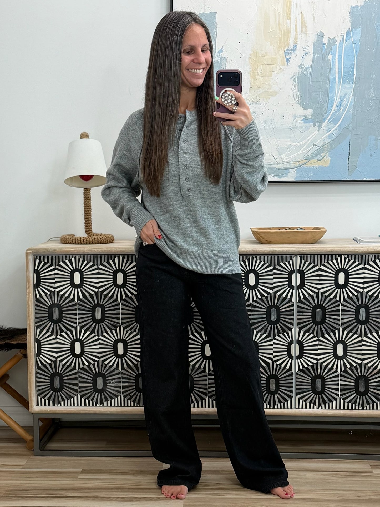 Just For Me Henley Brushed Pullover in Grey