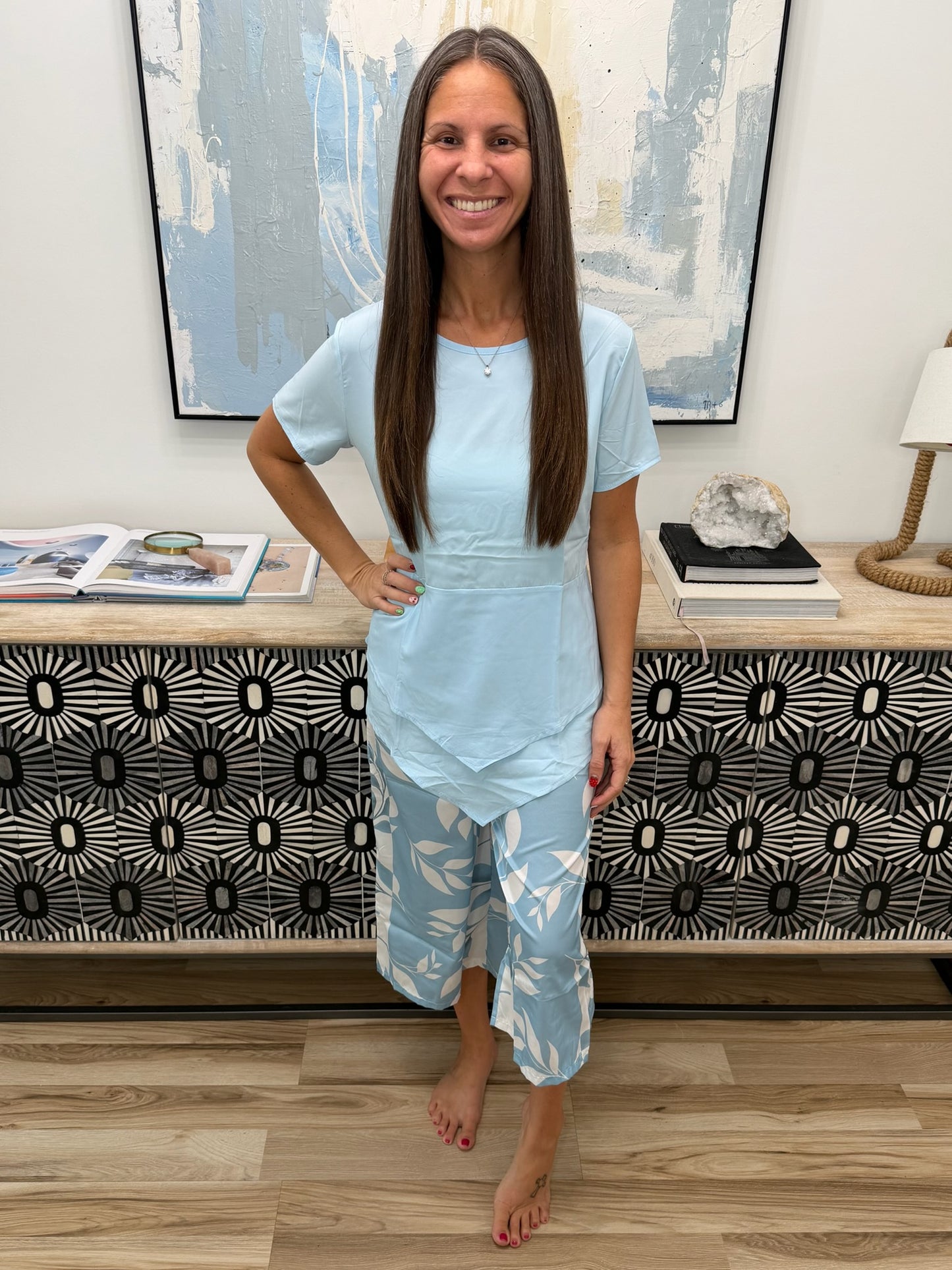 Layered Top and Leaf Print Cropped Pants Set