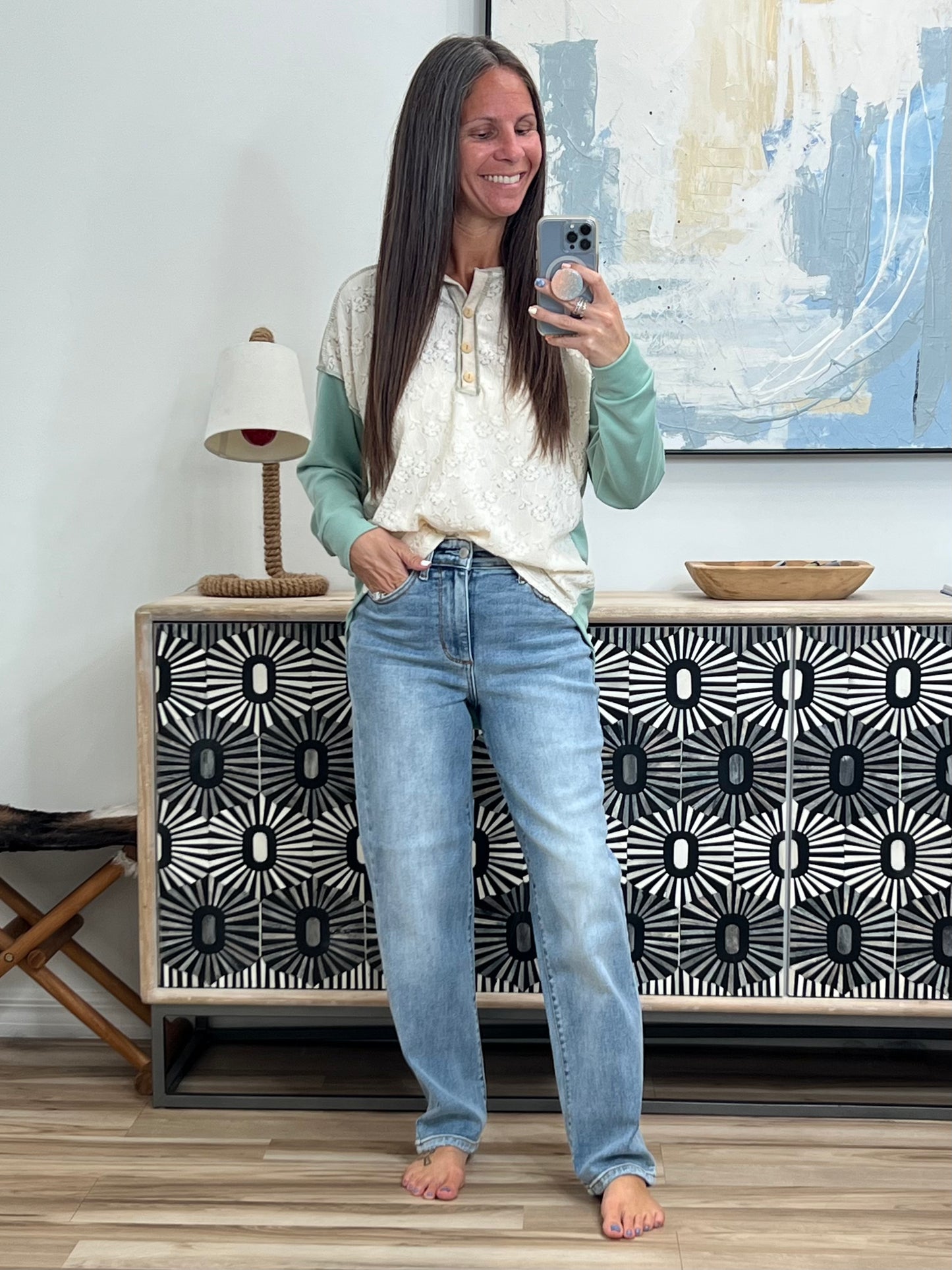 Because I Can Drop Shoulder Henley Top