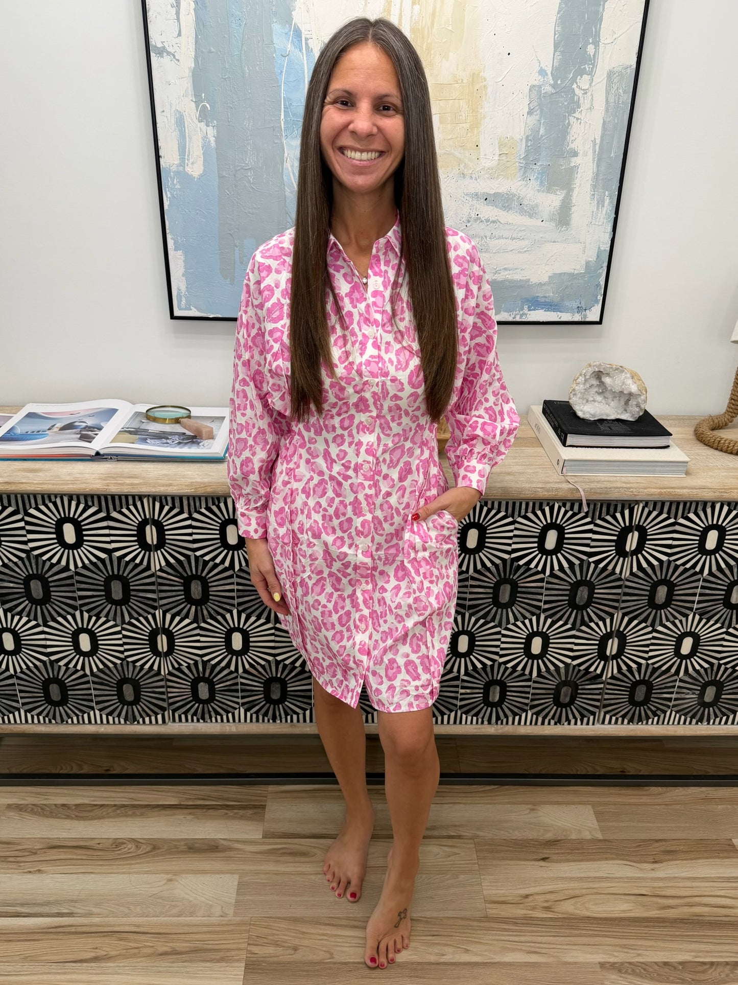 Abstract Leopard Print Tie Waist Puff Sleeve Mini Shirt Dress