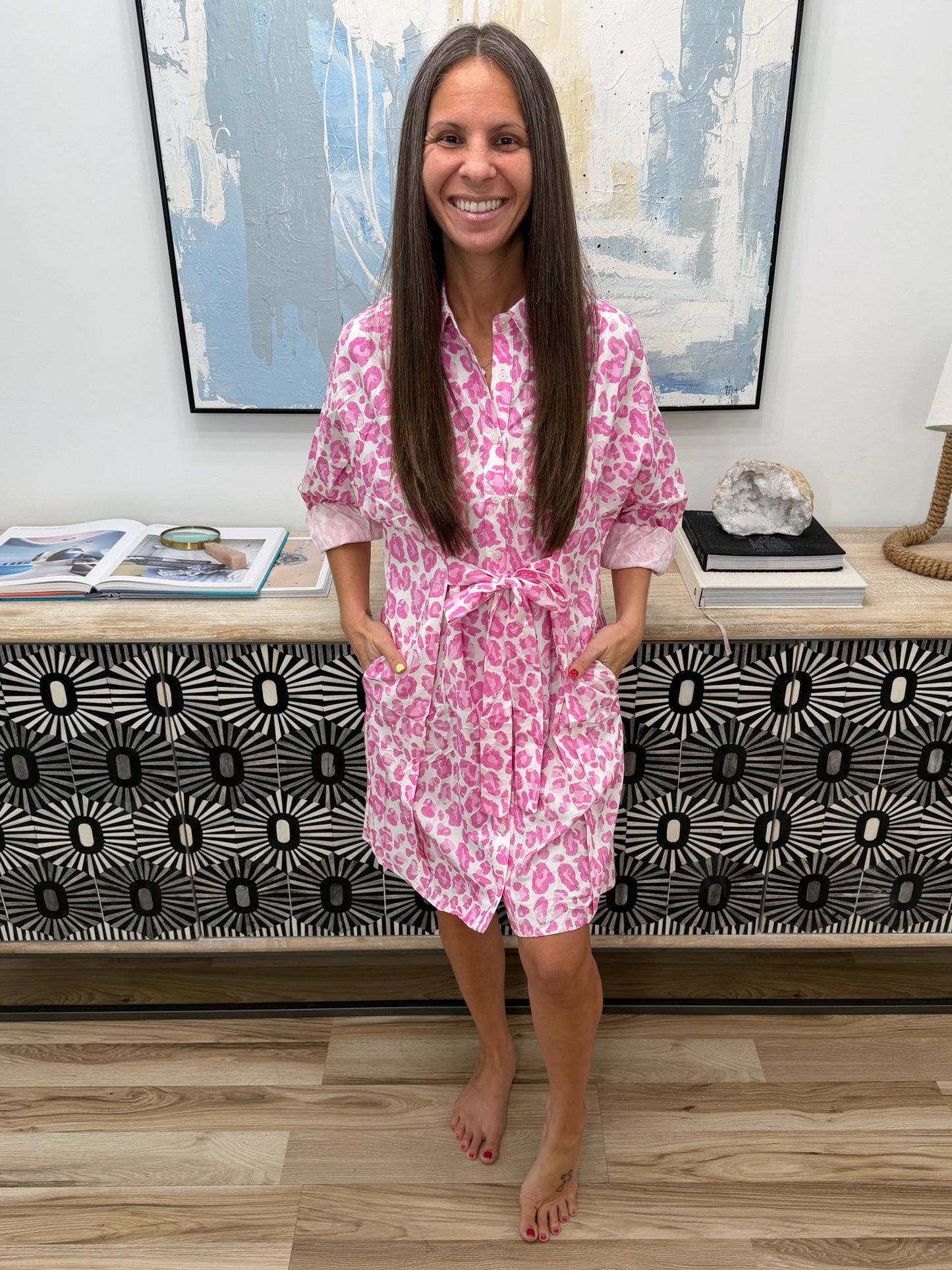 Abstract Leopard Print Tie Waist Puff Sleeve Mini Shirt Dress