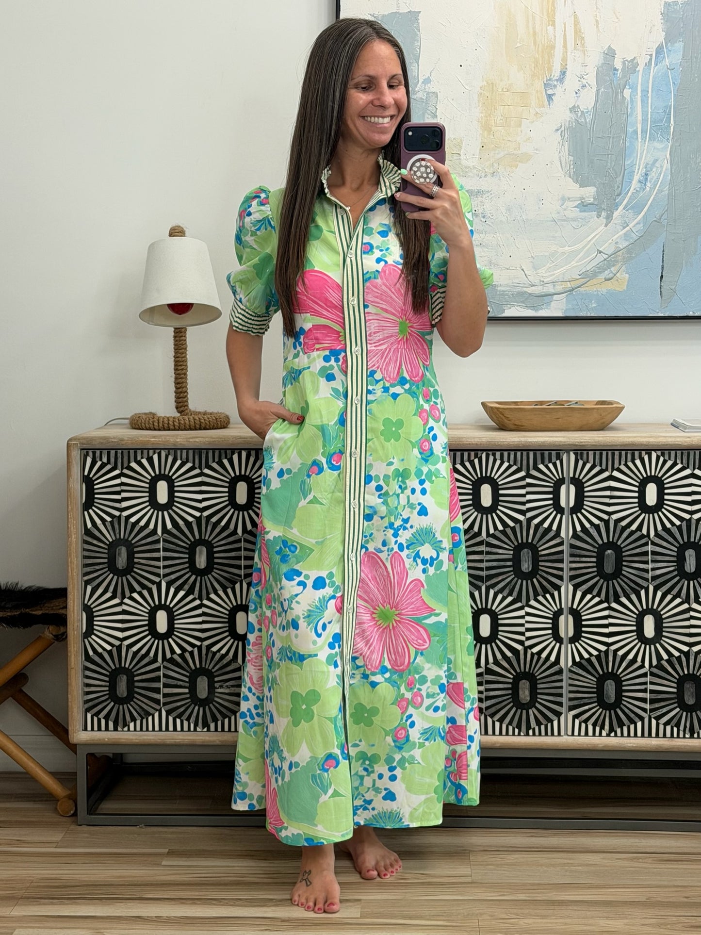 Floral Print Button-Up Midi Dress with Puff Sleeves