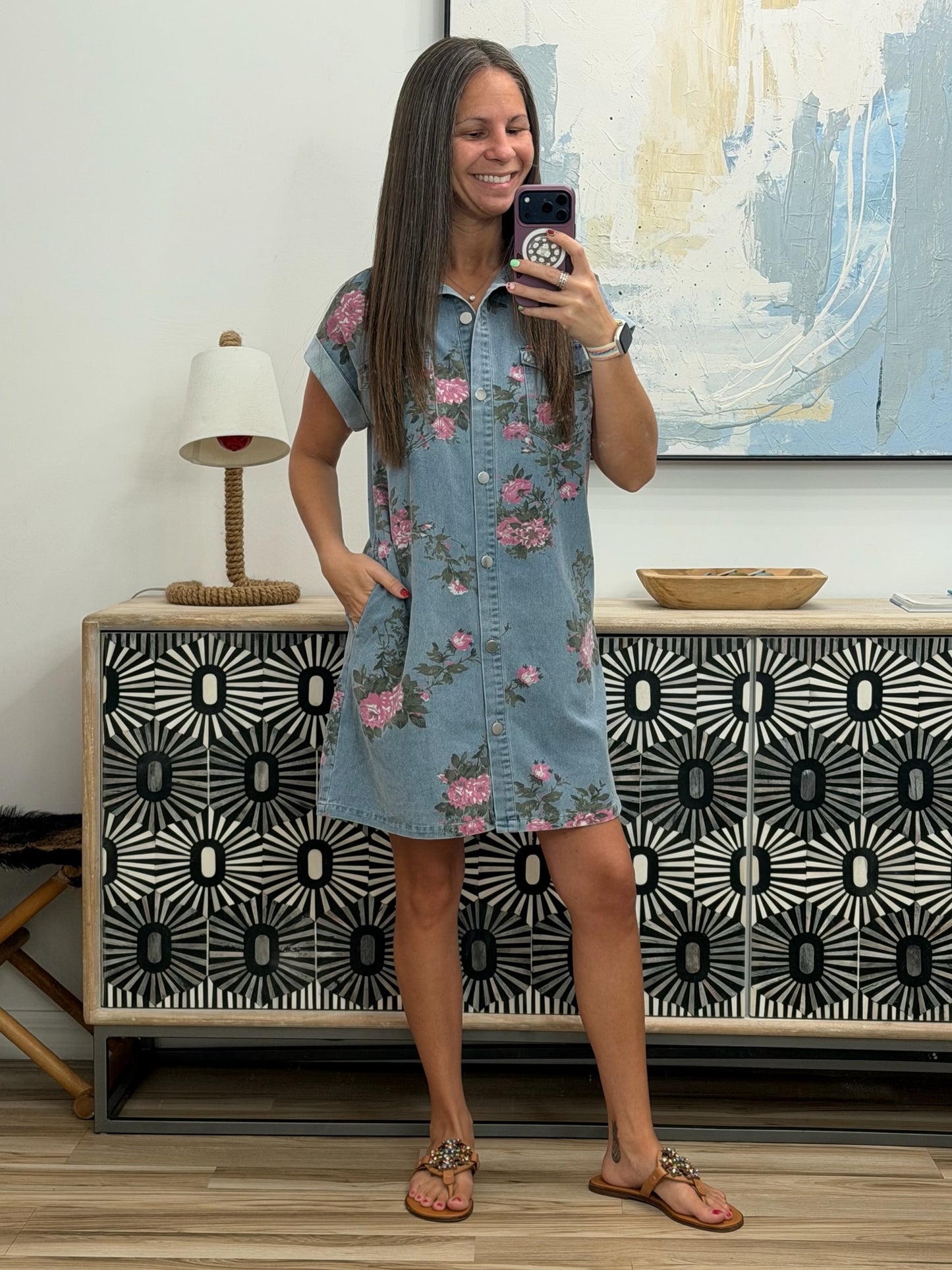 Floral Print Denim Shirt Dress