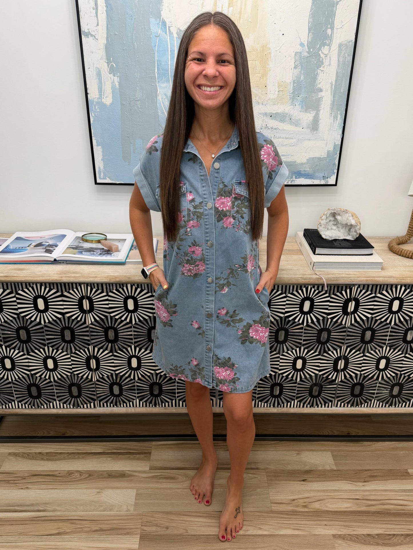 Floral Print Denim Shirt Dress