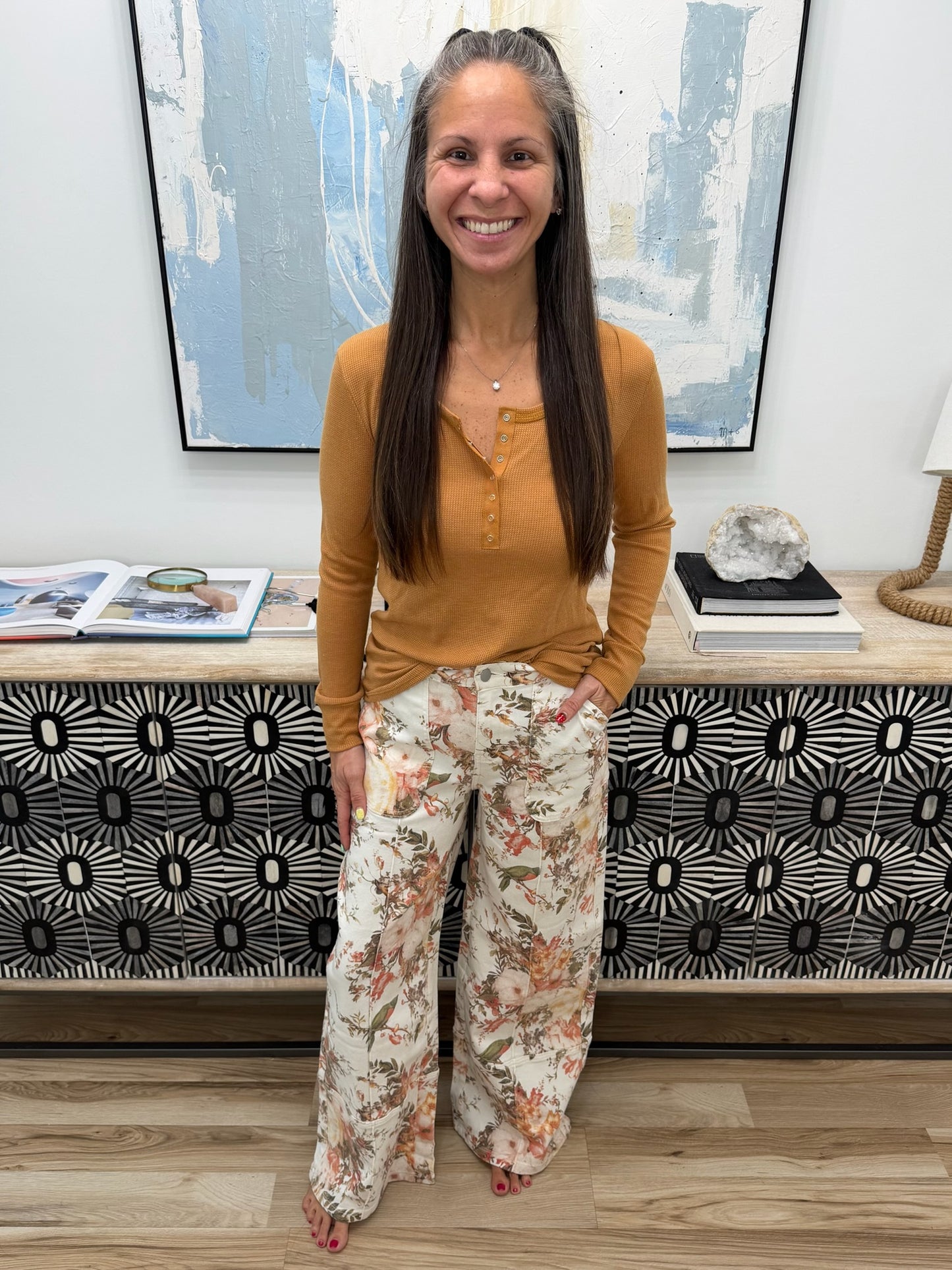 Vintage Style Floral Print High Waist Wide Leg Jeans