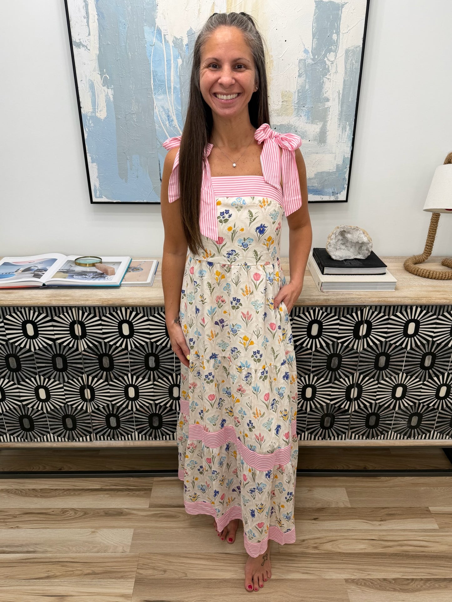 Tiered Floral Tie Shoulder Midi Dress