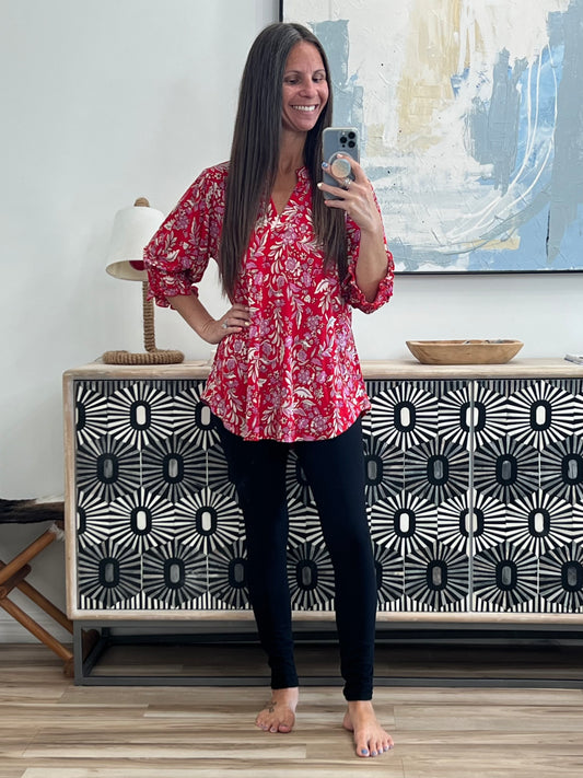 Lizzy Smock Top in Red and Pink Floral