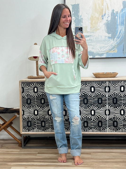 Get My Fixin' Cable Ribbed Knit Hooded Top