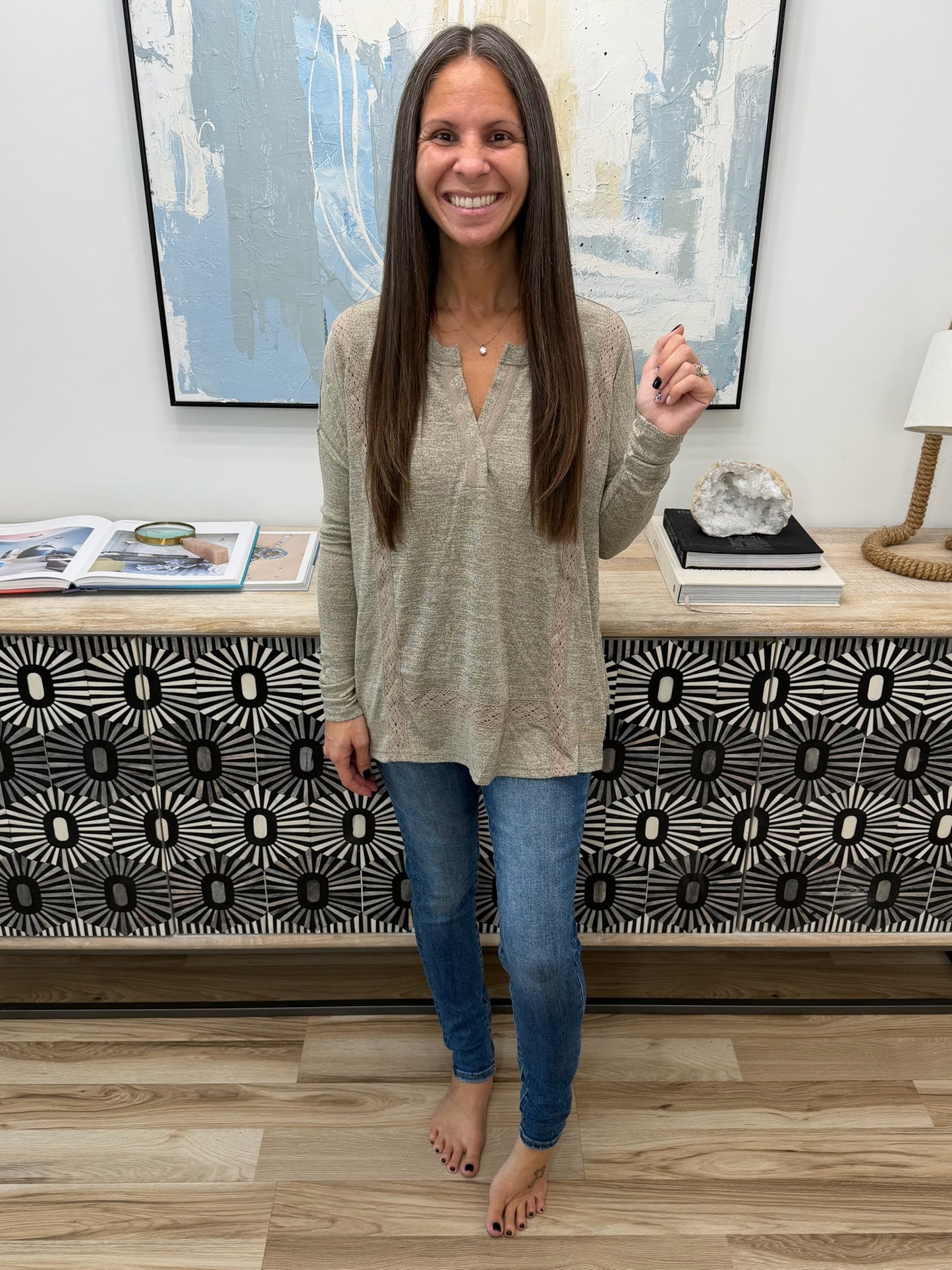 Never Been So Sure Lace Accent Henley Top in Taupe