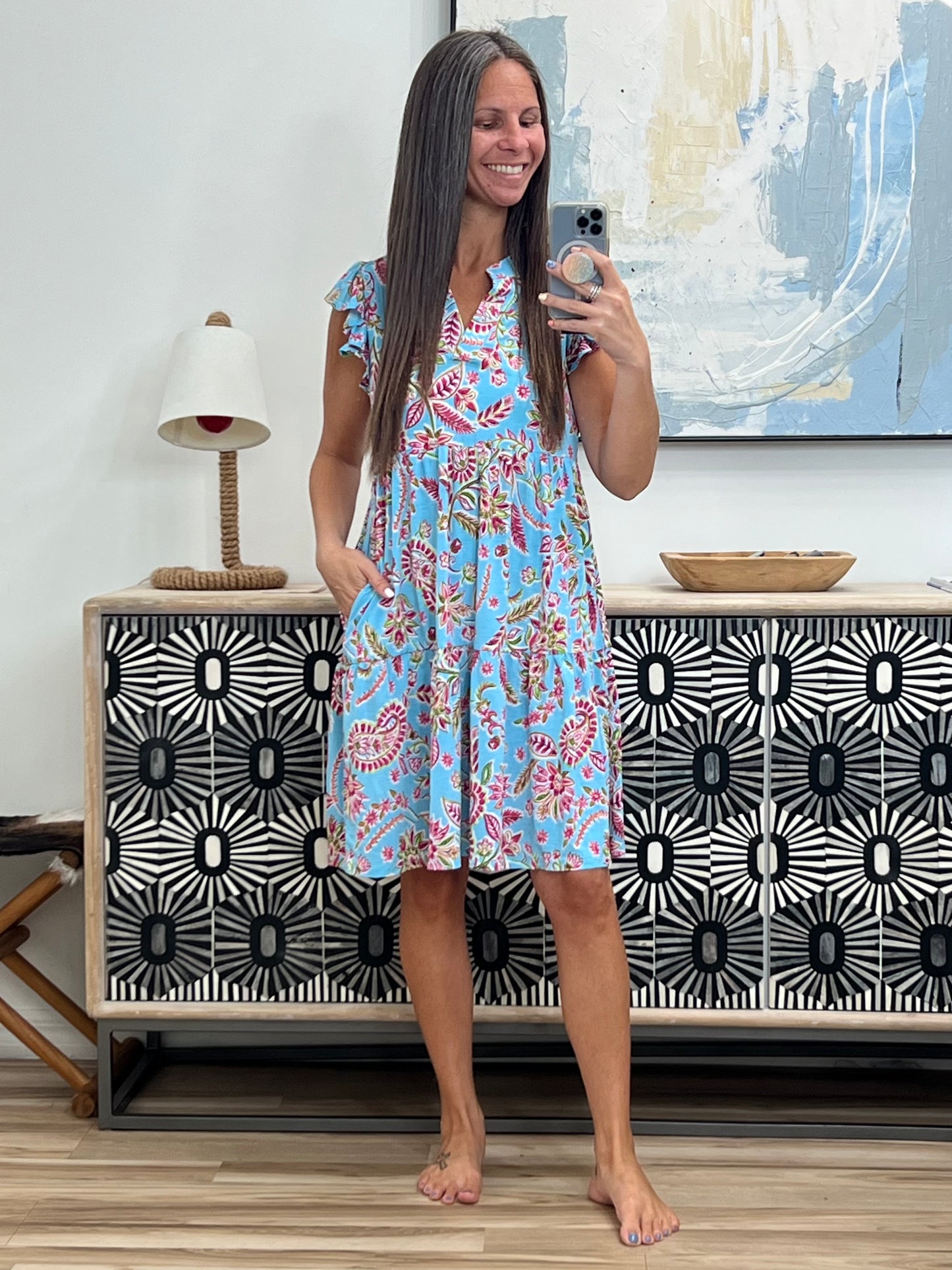 Lizzy Forever Flutter Sleeve Dress in Green and Pink Floral