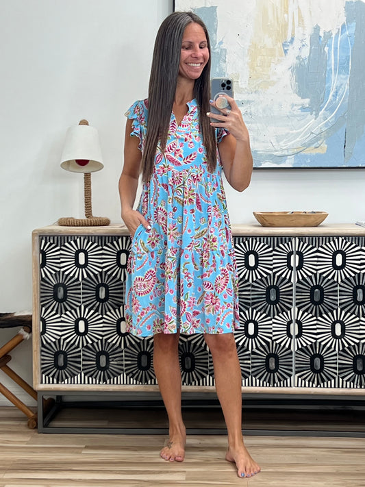 Lizzy Forever Flutter Sleeve Dress in Blue and Pink Paisley Floral
