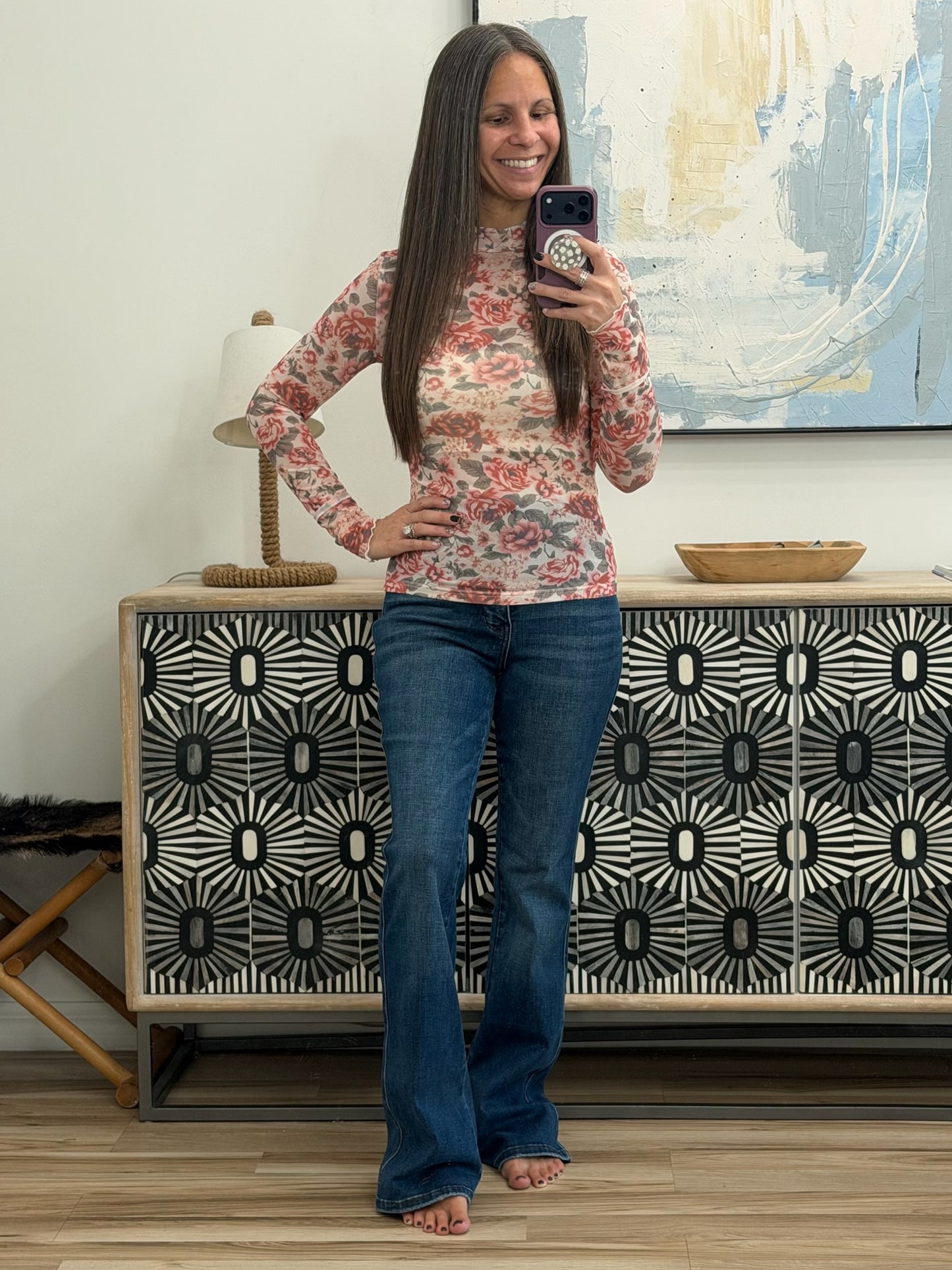 Floral Print Mesh Long Sleeve Top