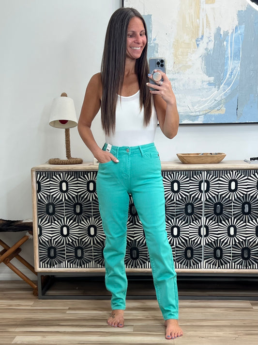Bridgette High Rise Garment Dyed Slim Jeans in Aquamarine