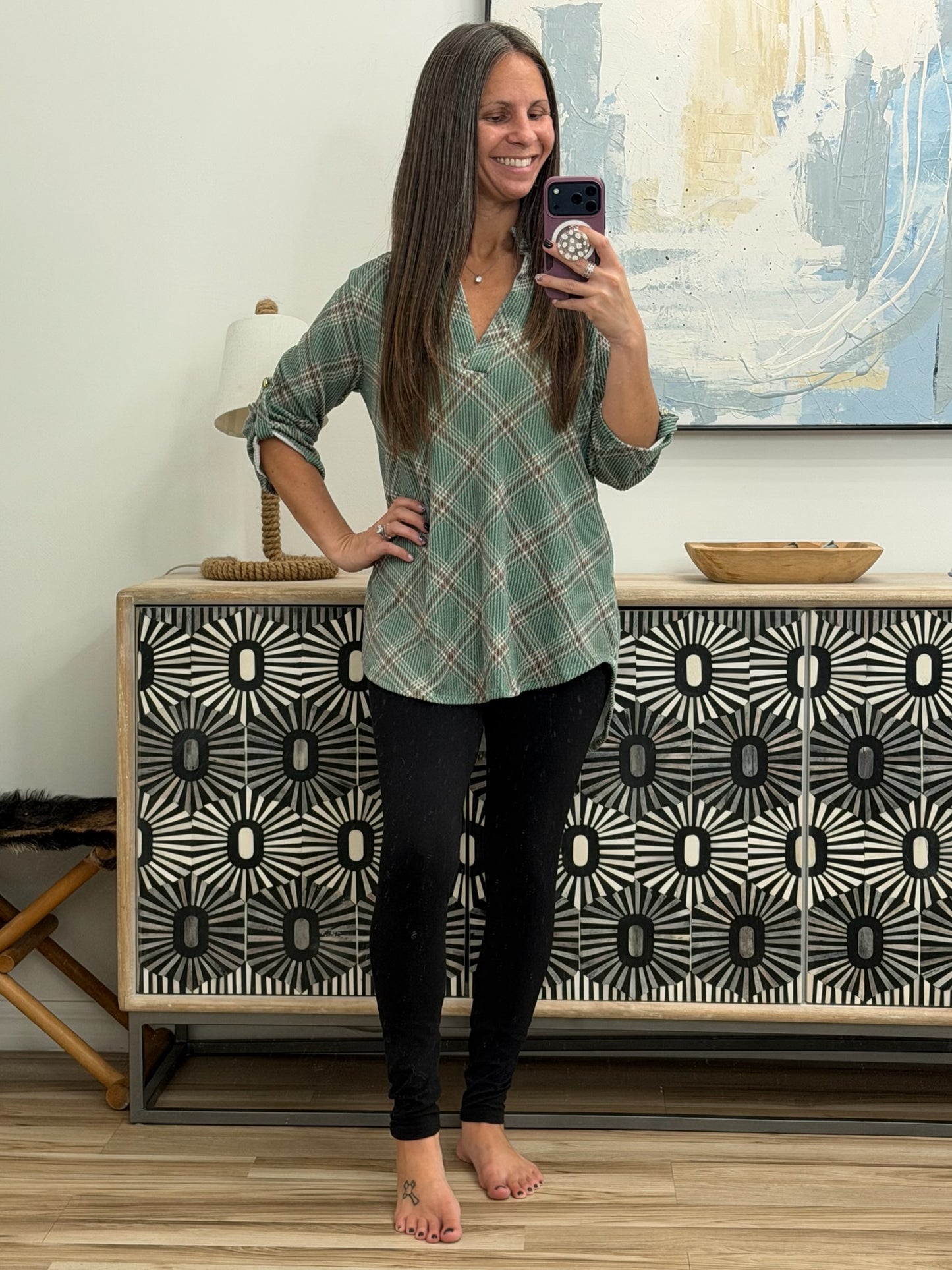 So It Goes Split Neck Plaid Top