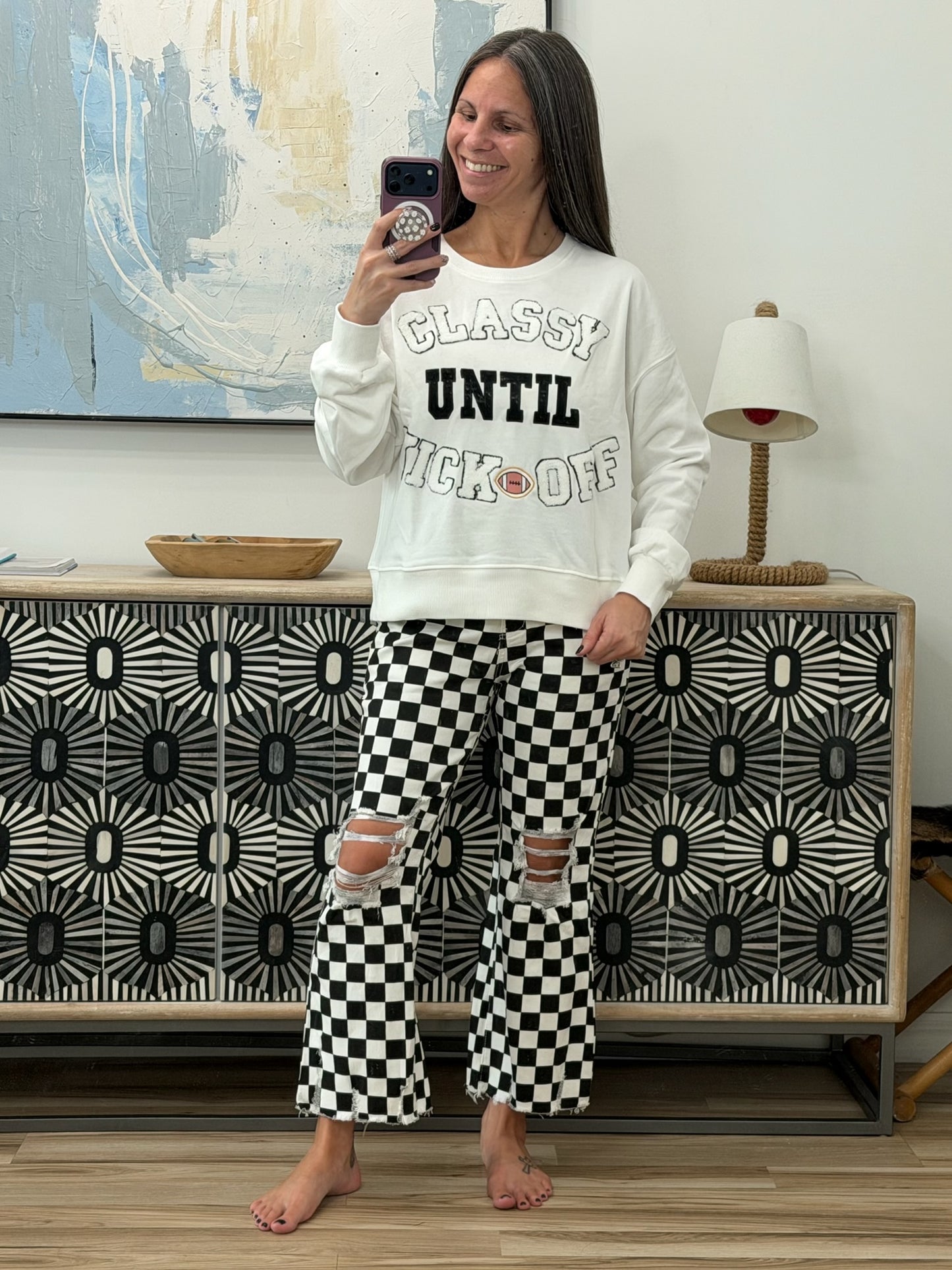 CLASSY UNTIL KICKOFF Plush Letter Patched Loose Sweatshirt